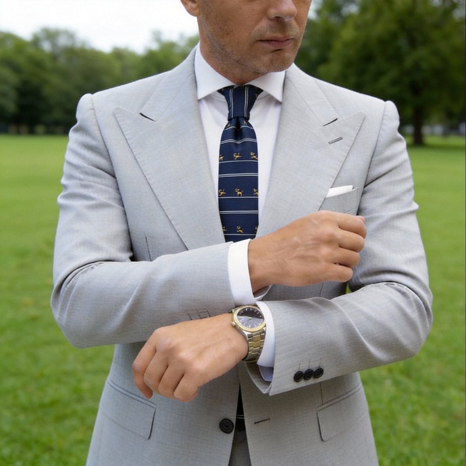 Blue Necktie With Gold Dogs and White Stripes