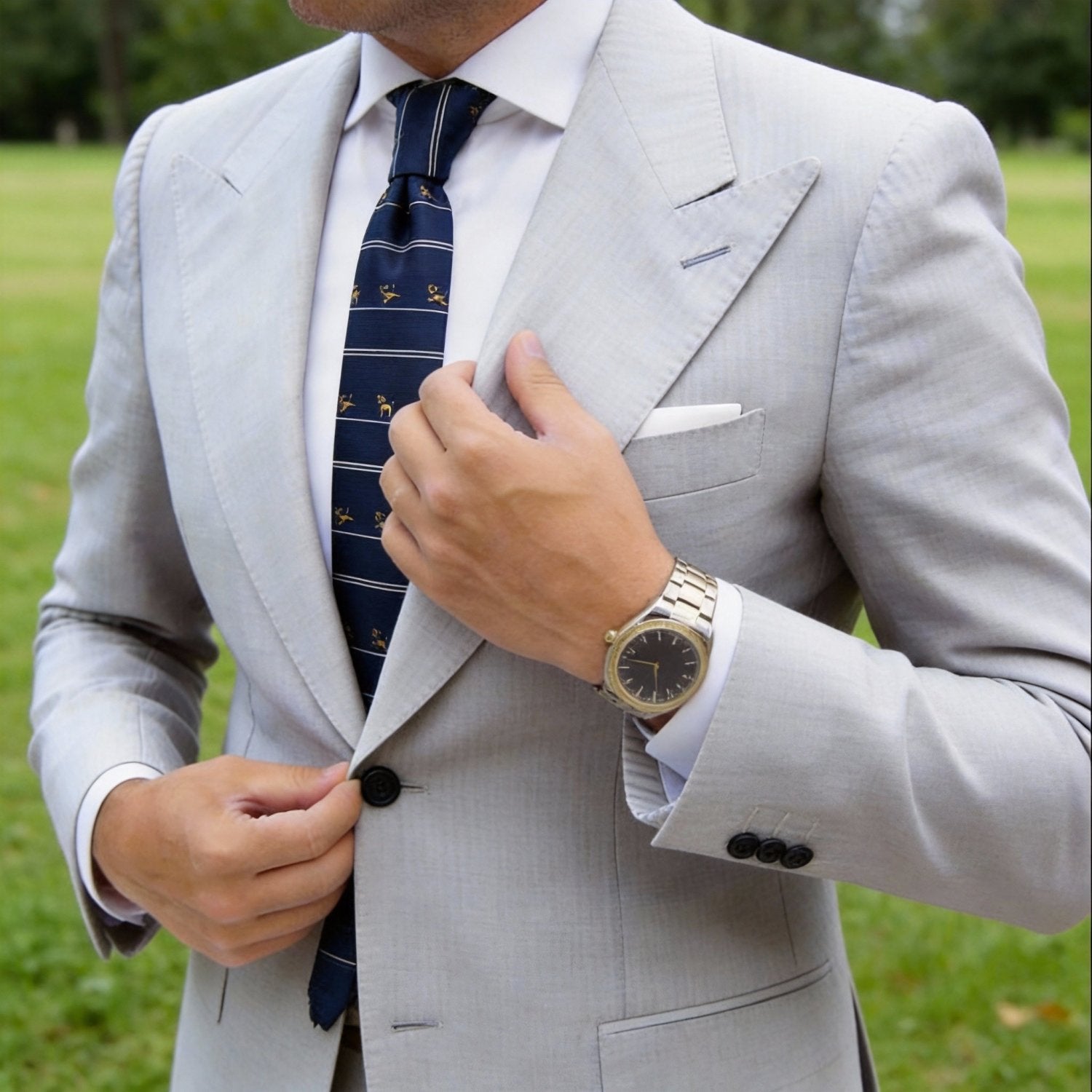Blue Necktie With Gold Dogs and White Stripes