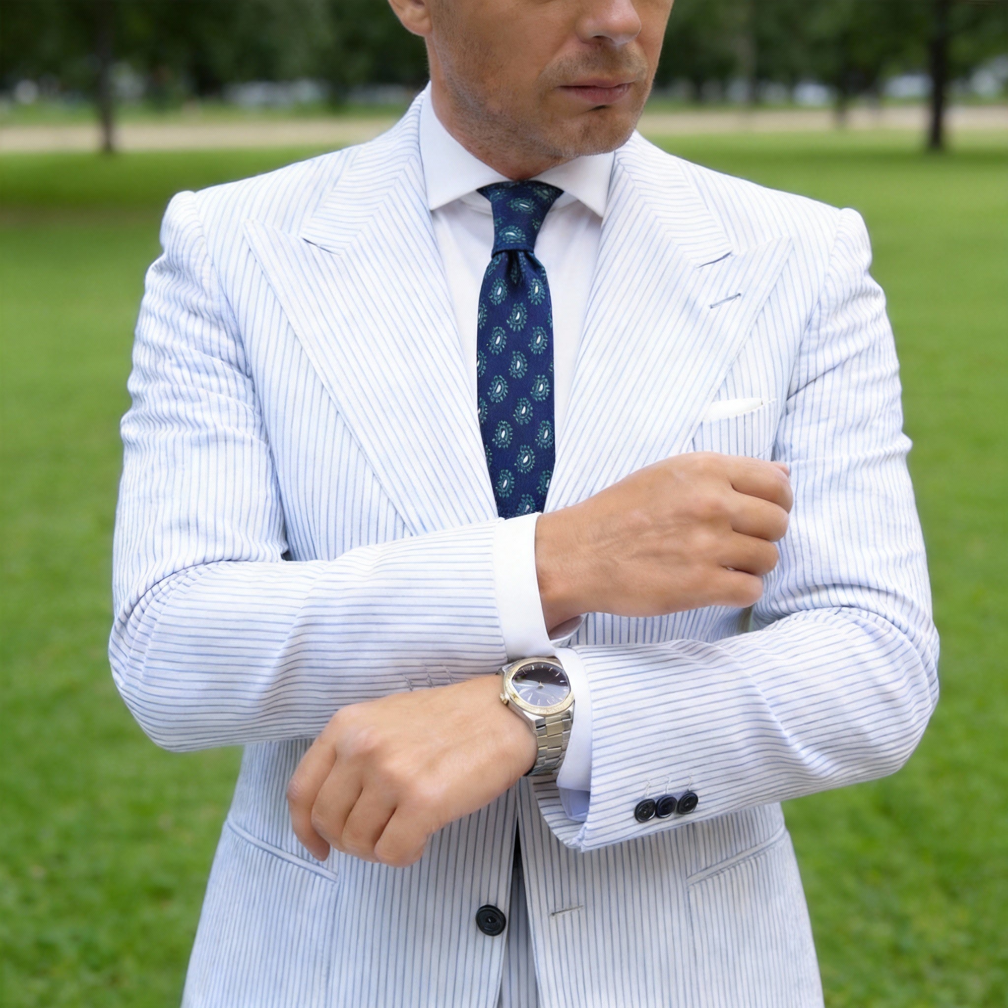 Navy Blue Necktie With Teal-White Paisley