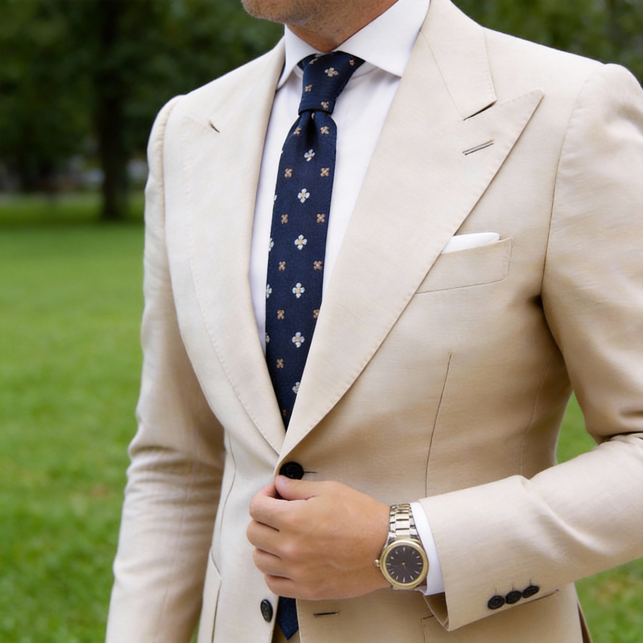 Navy Blue Necktie With White & Beige Floral Pattern