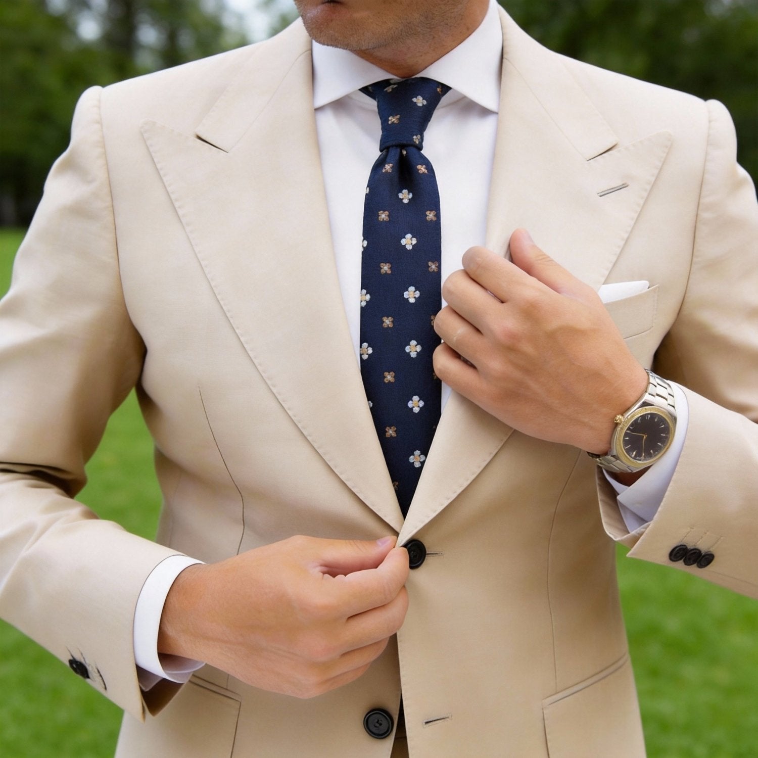 Navy Blue Necktie With White & Beige Floral Pattern
