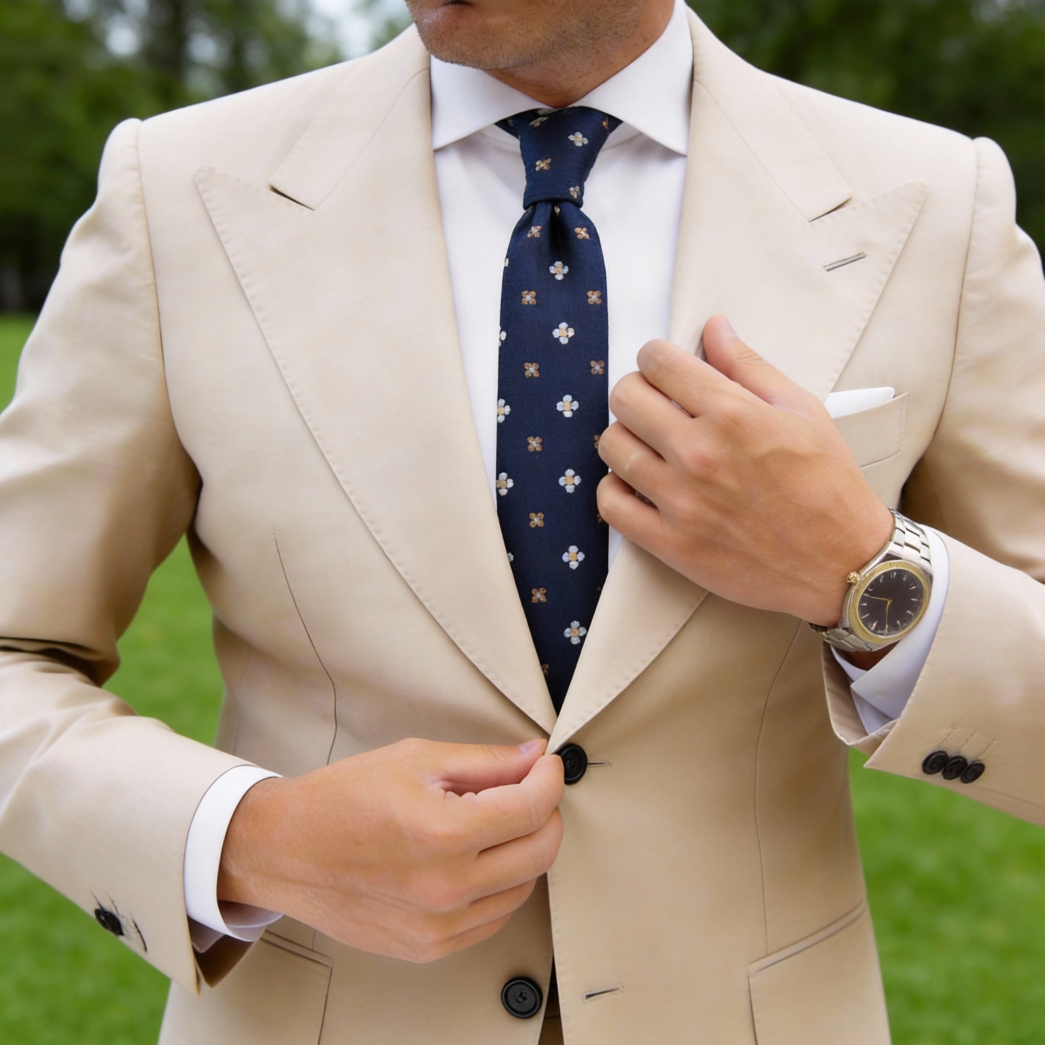 Navy Blue Necktie With White & Beige Floral Pattern