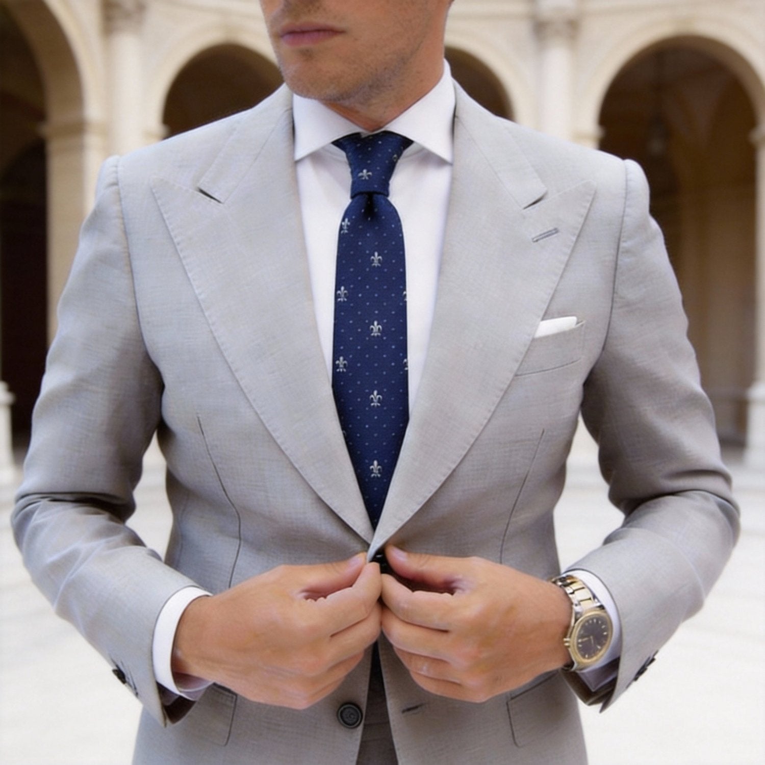 Blue Necktie With White Fleur - de - lis And Dots