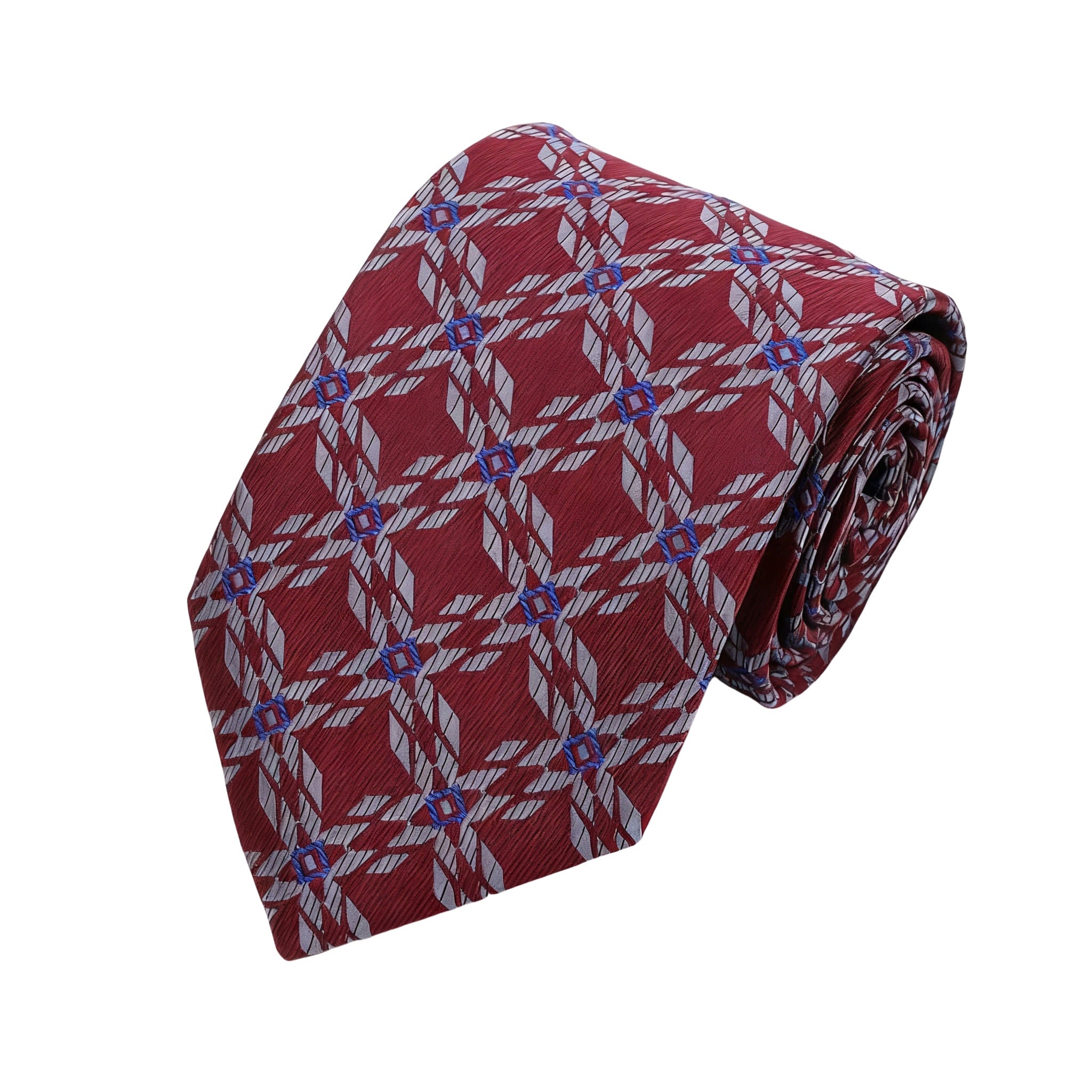 Red Necktie With Gray Blue Geometric Grid