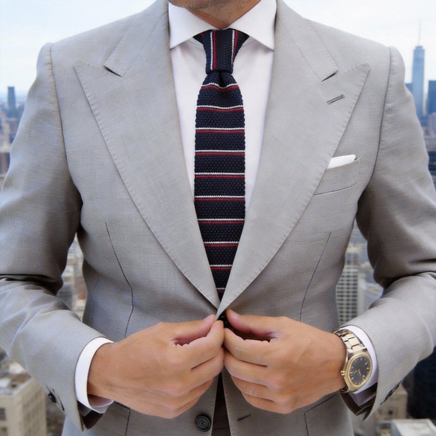 Navy Blue With Red White Striped Knitted Necktie
