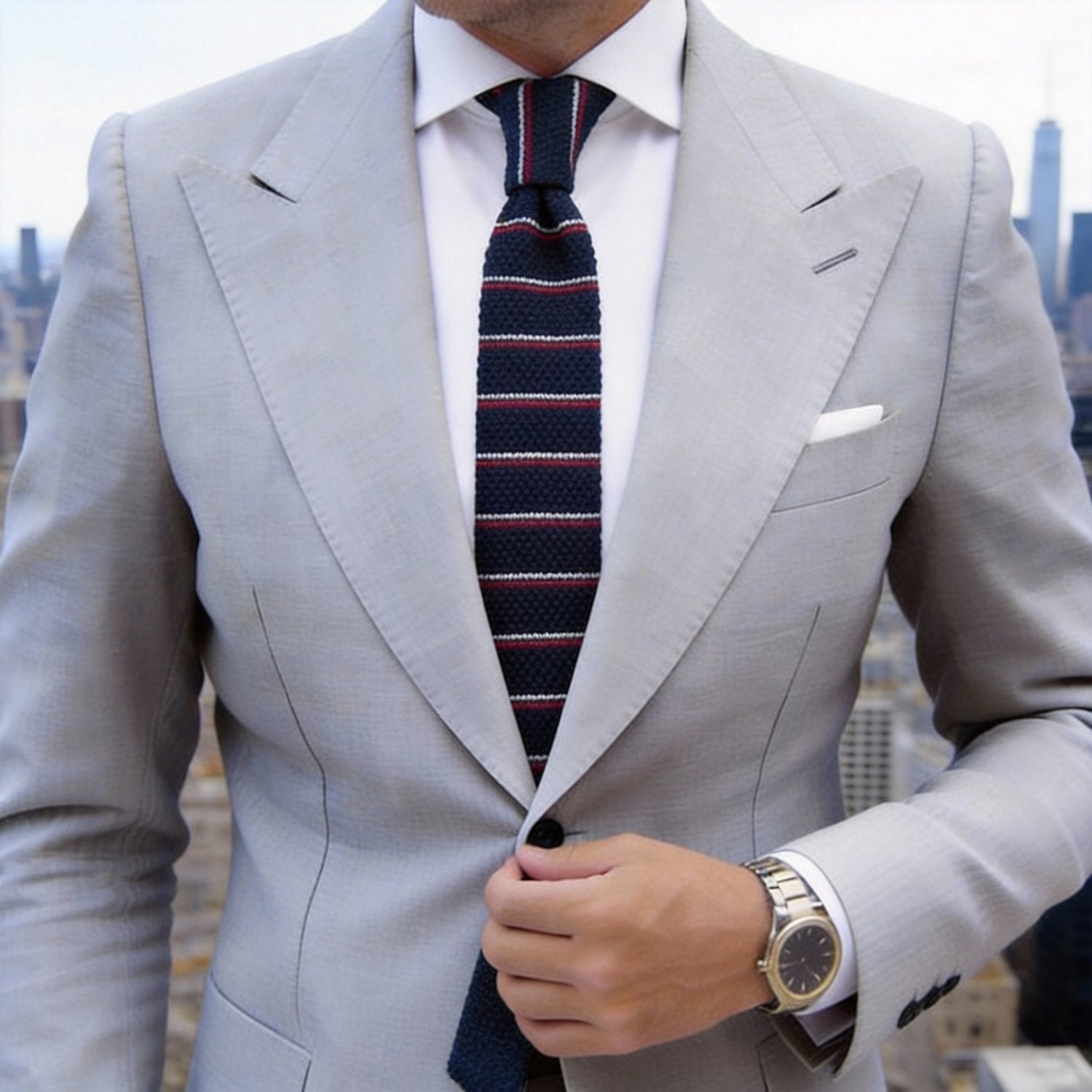 Navy Blue With Red White Striped Knitted Necktie