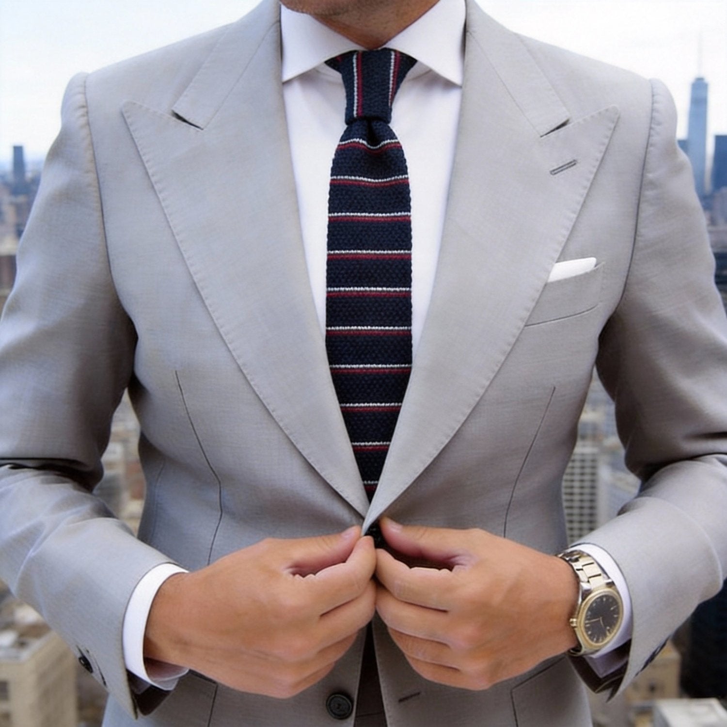 Navy Blue With Red White Striped Knitted Necktie