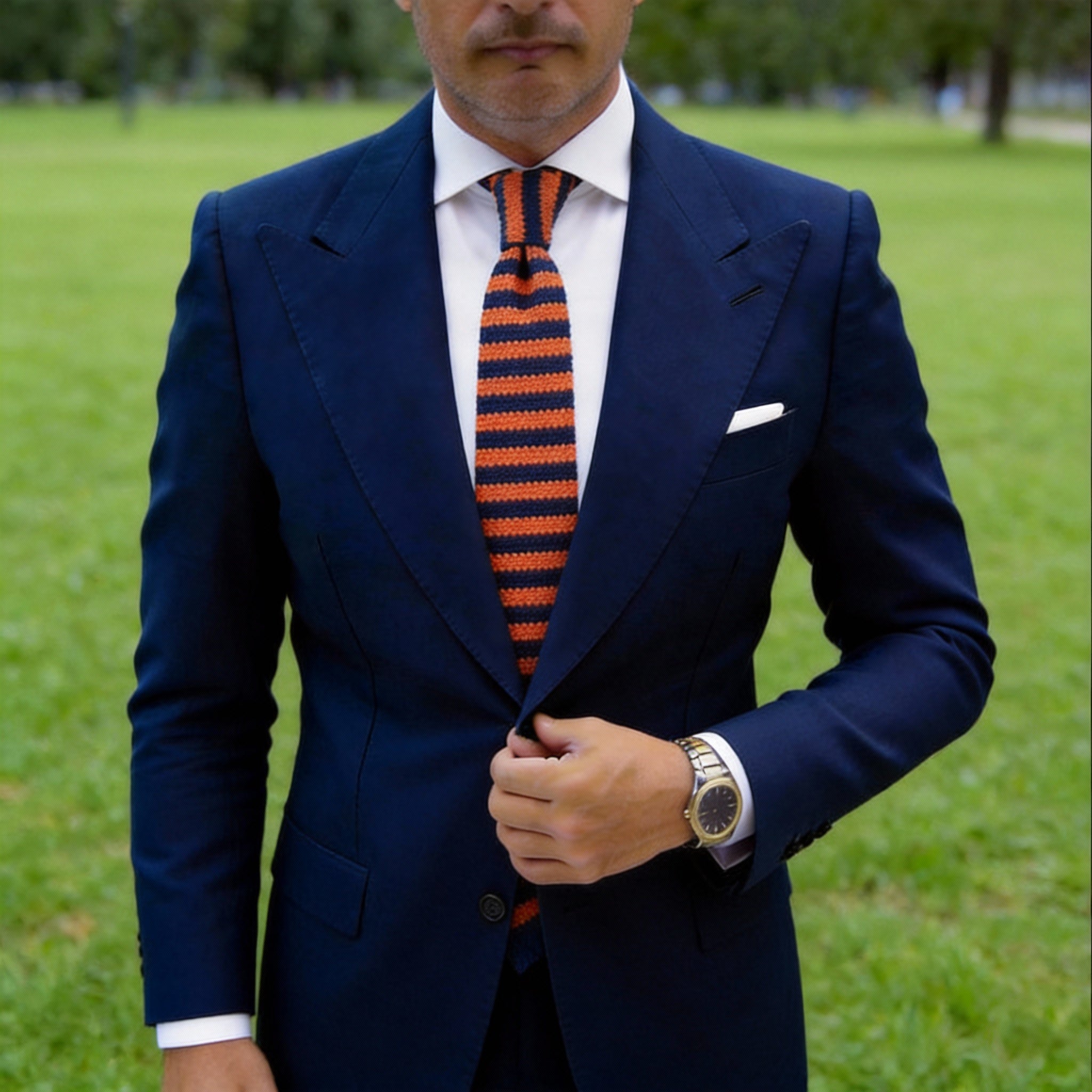 Orange With Dark Blue Striped Necktie