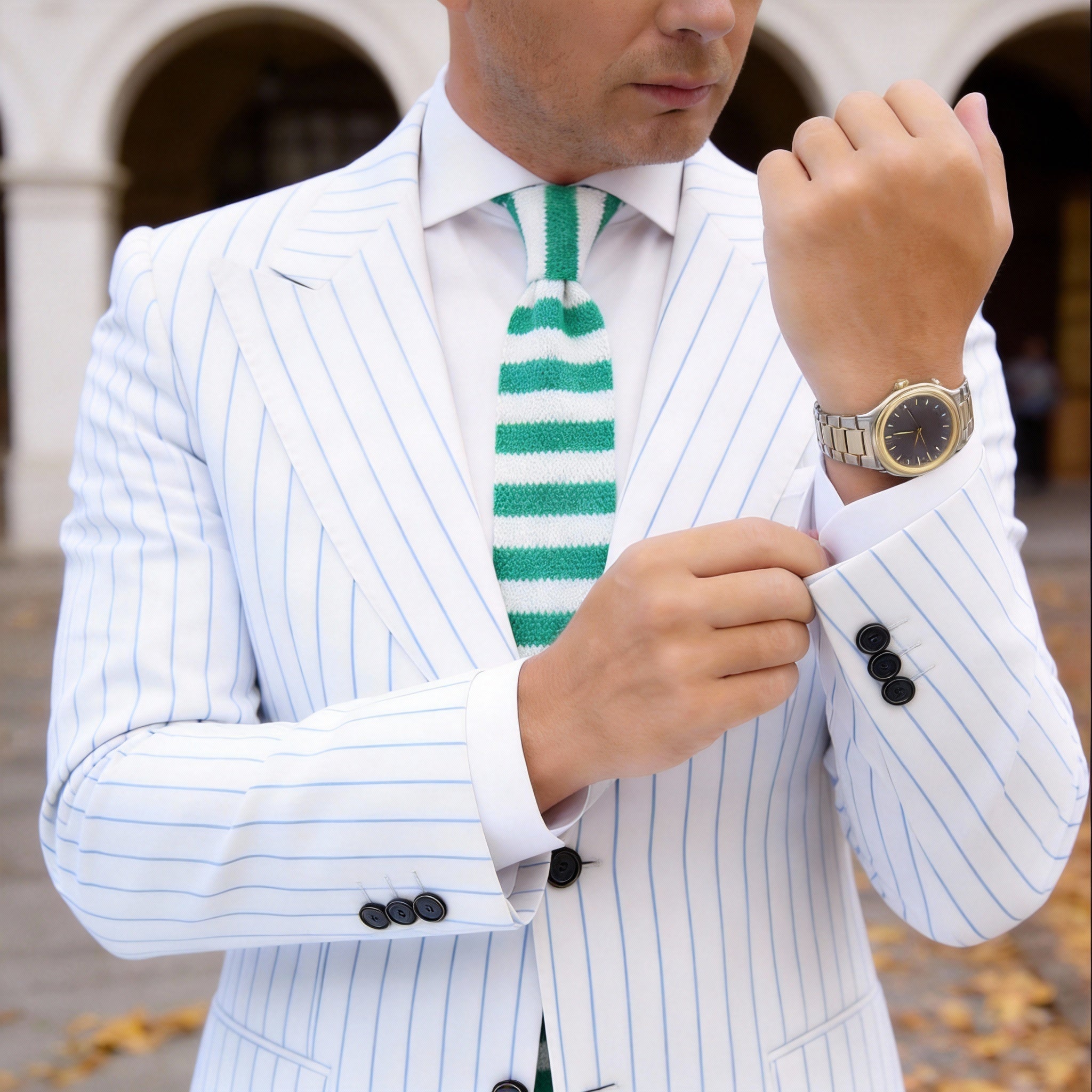 Green With White Striped Necktie