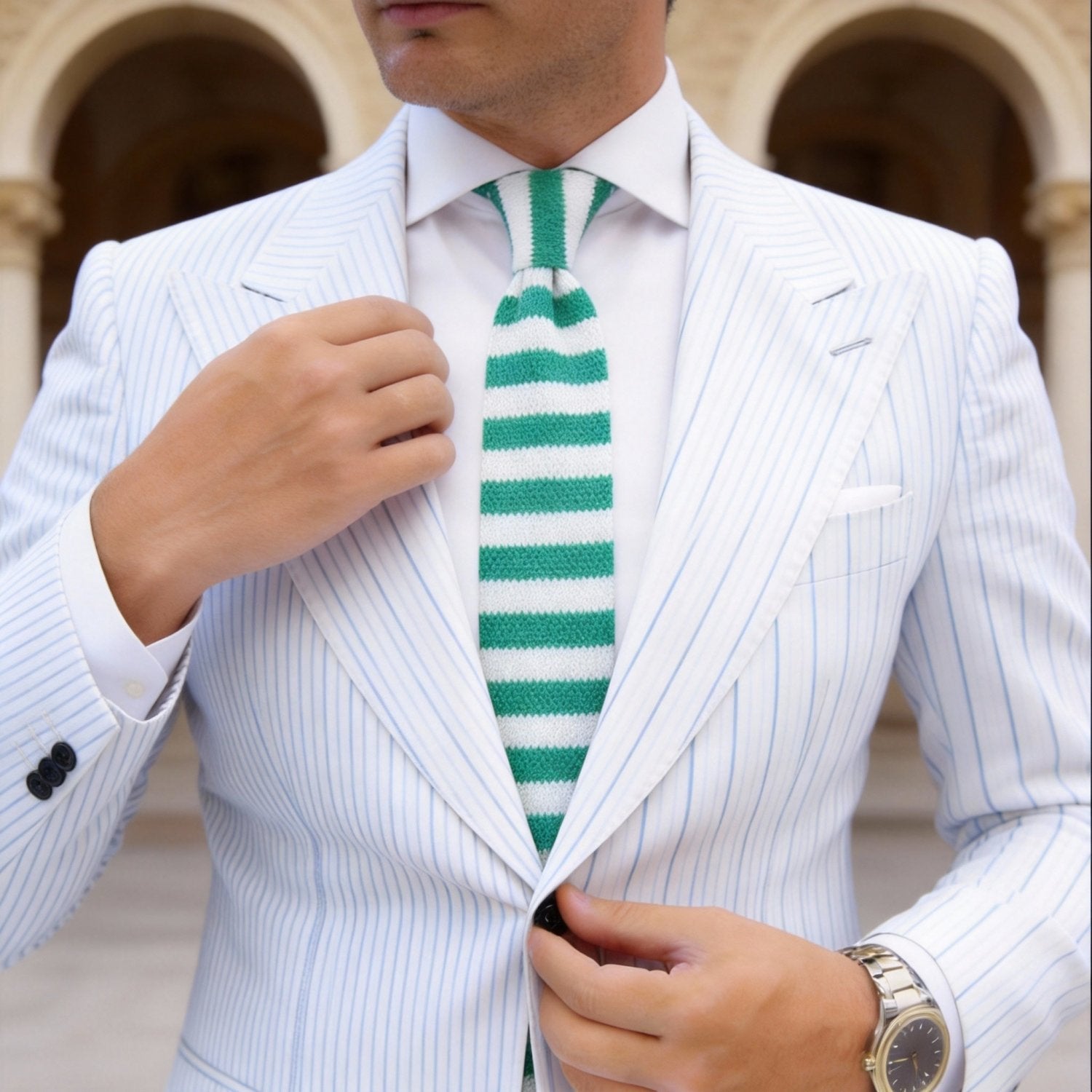 Green With White Striped Necktie