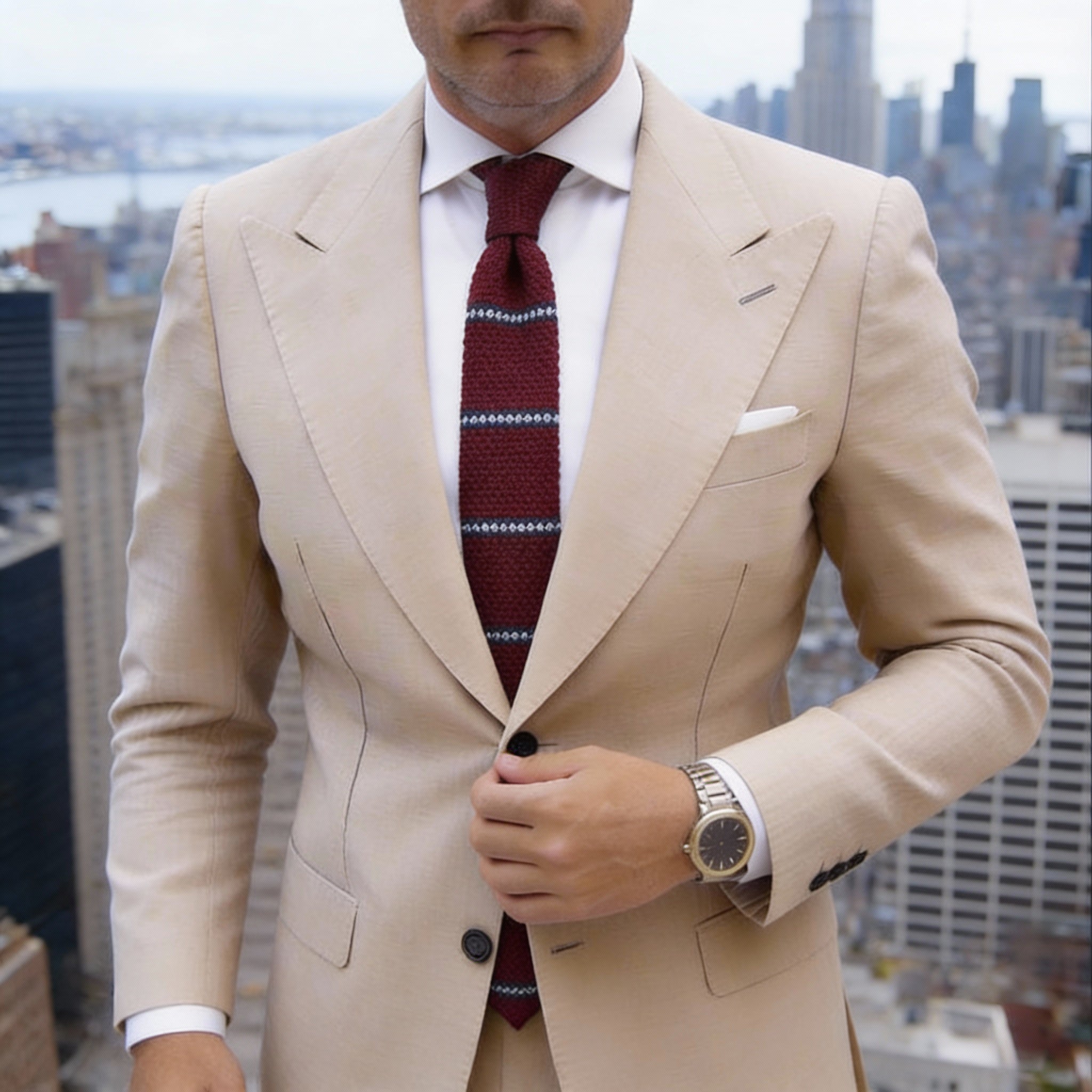 Burgundy With Blue White Striped Knitted Necktie