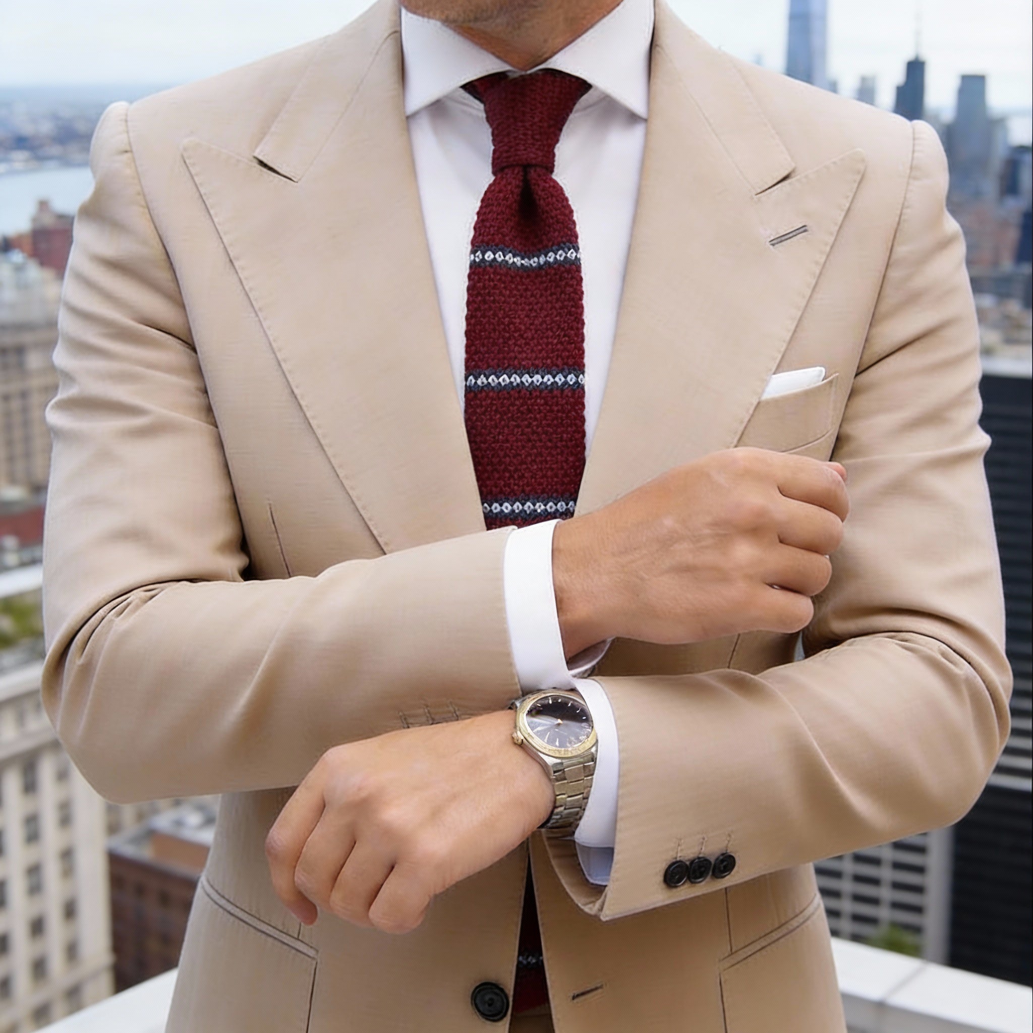 Burgundy With Blue White Striped Knitted Necktie