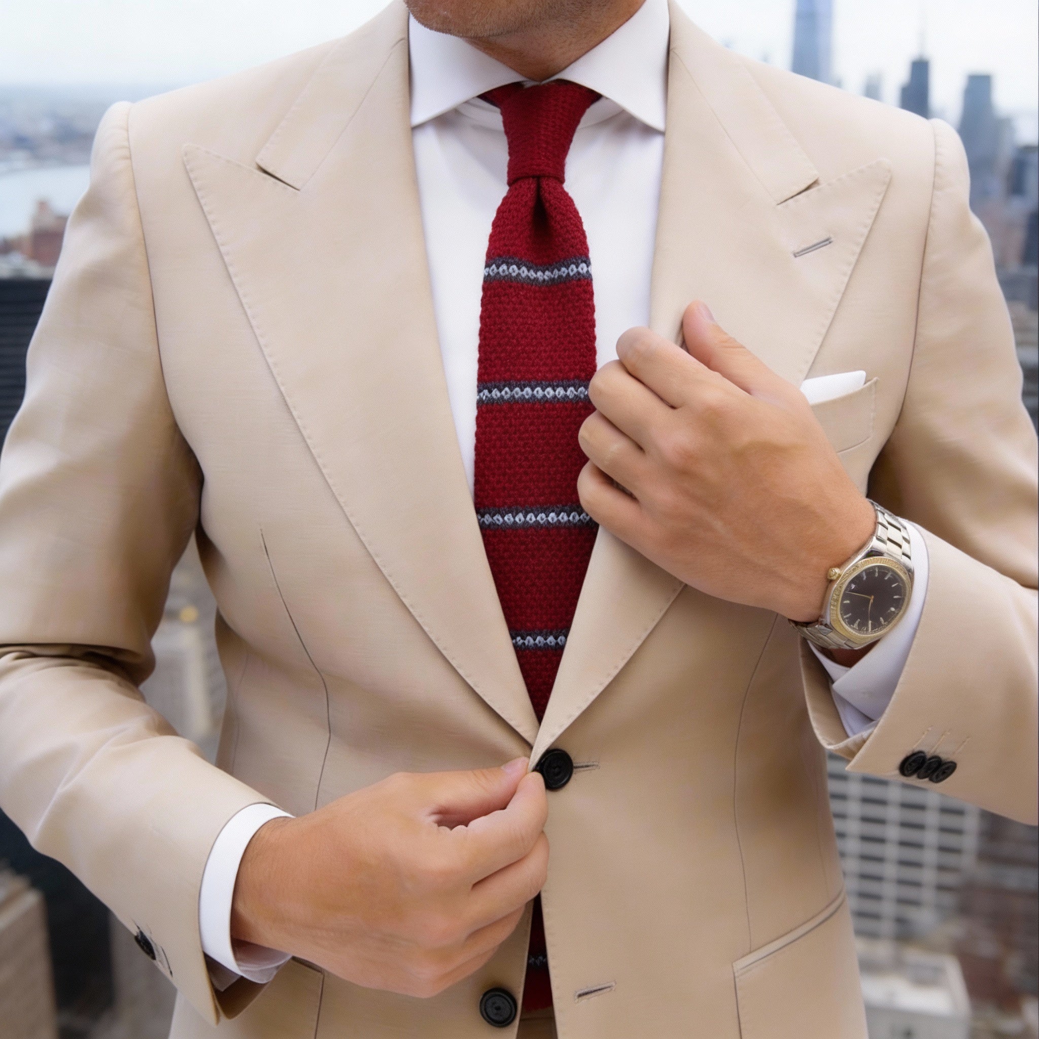 Burgundy With Blue White Striped Knitted Necktie