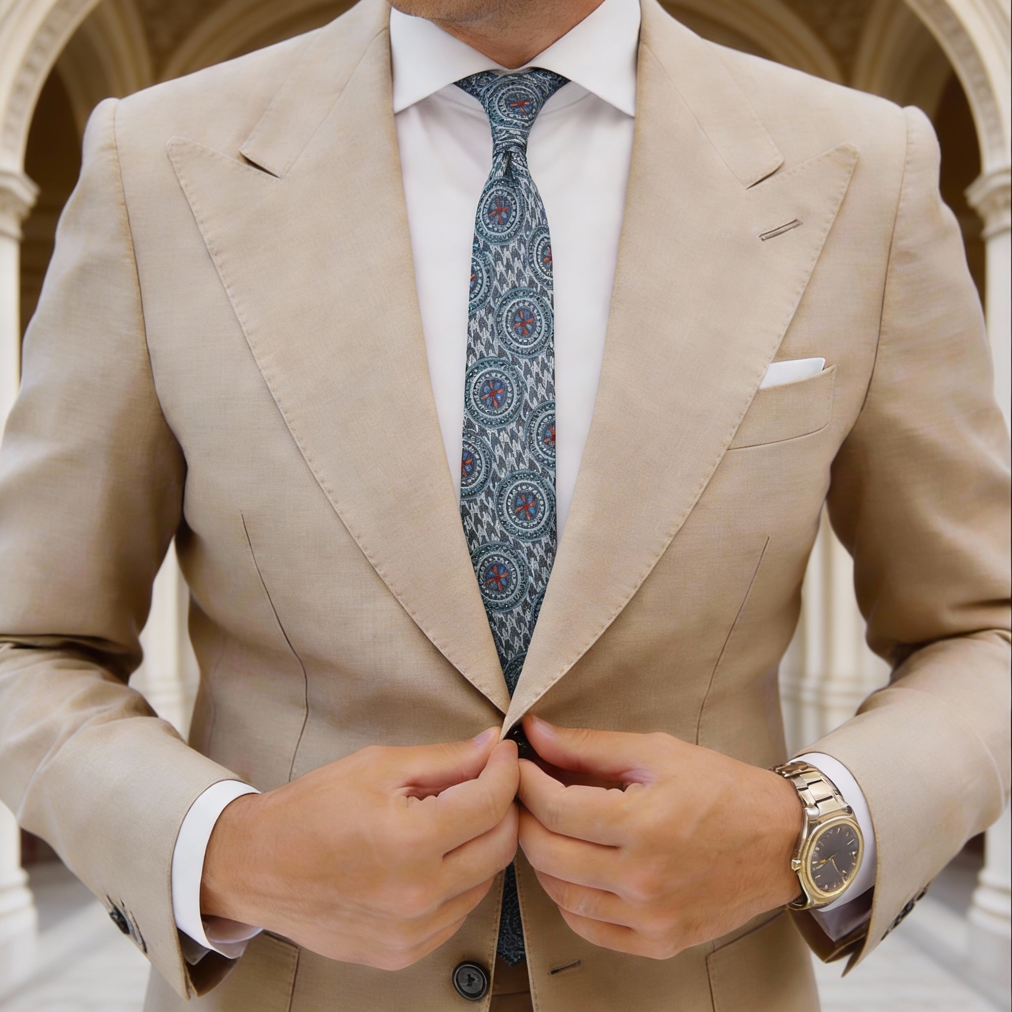 Light Blue With Blue Red Orange Medallion Necktie