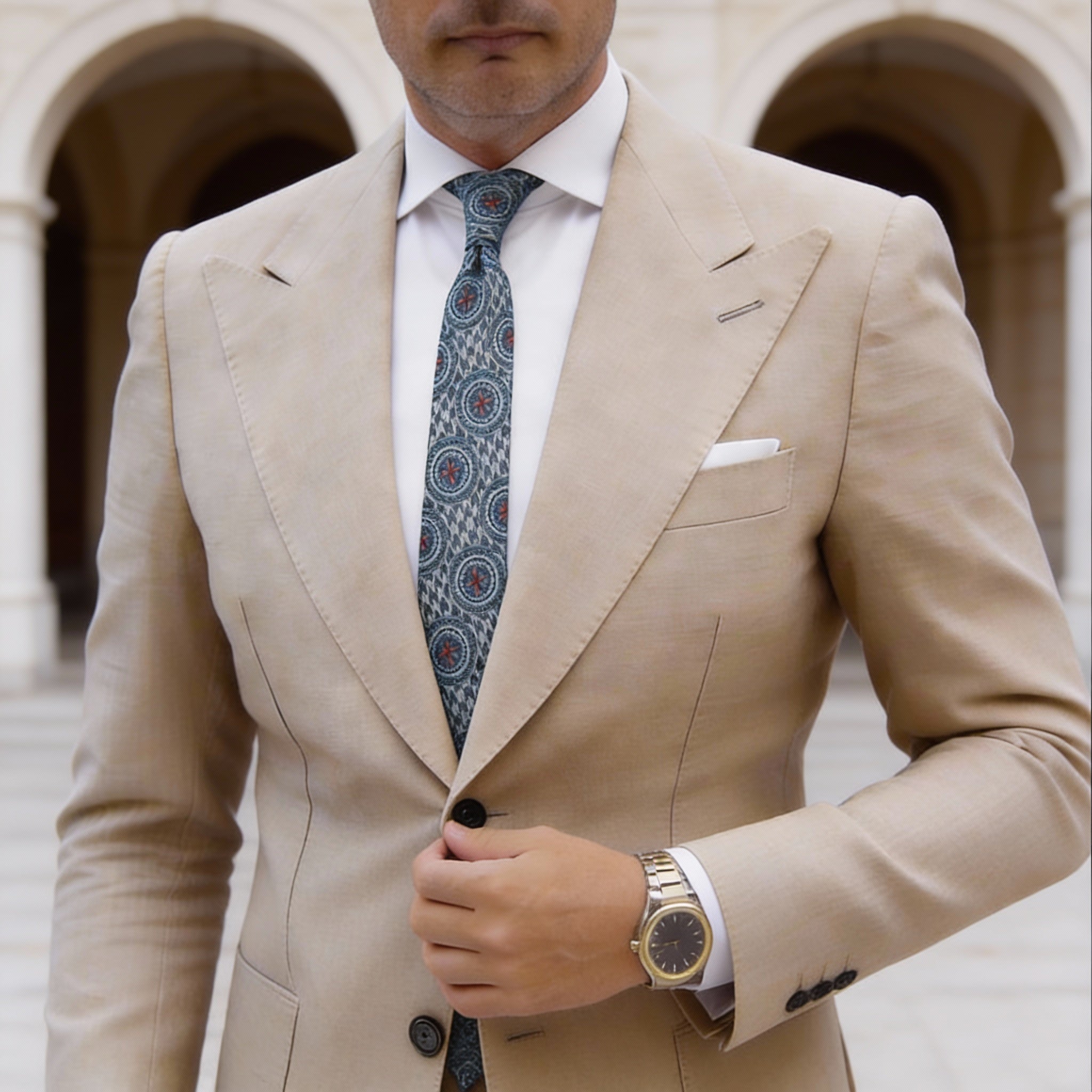 Light Blue With Blue Red Orange Medallion Necktie