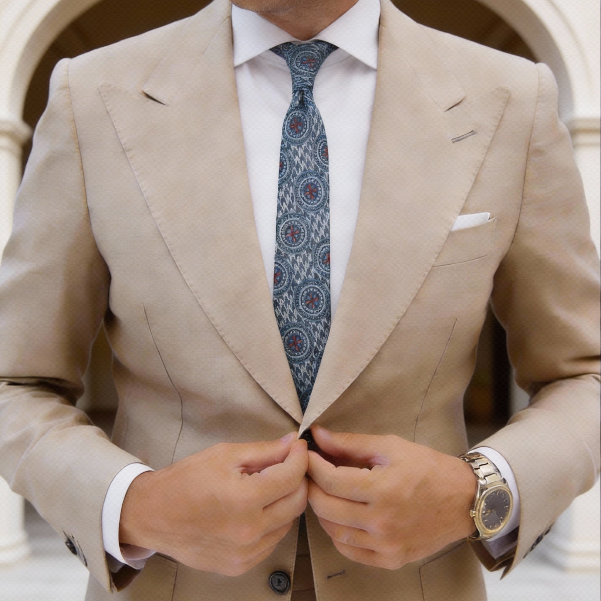 Light Blue With Blue Red Orange Medallion Necktie