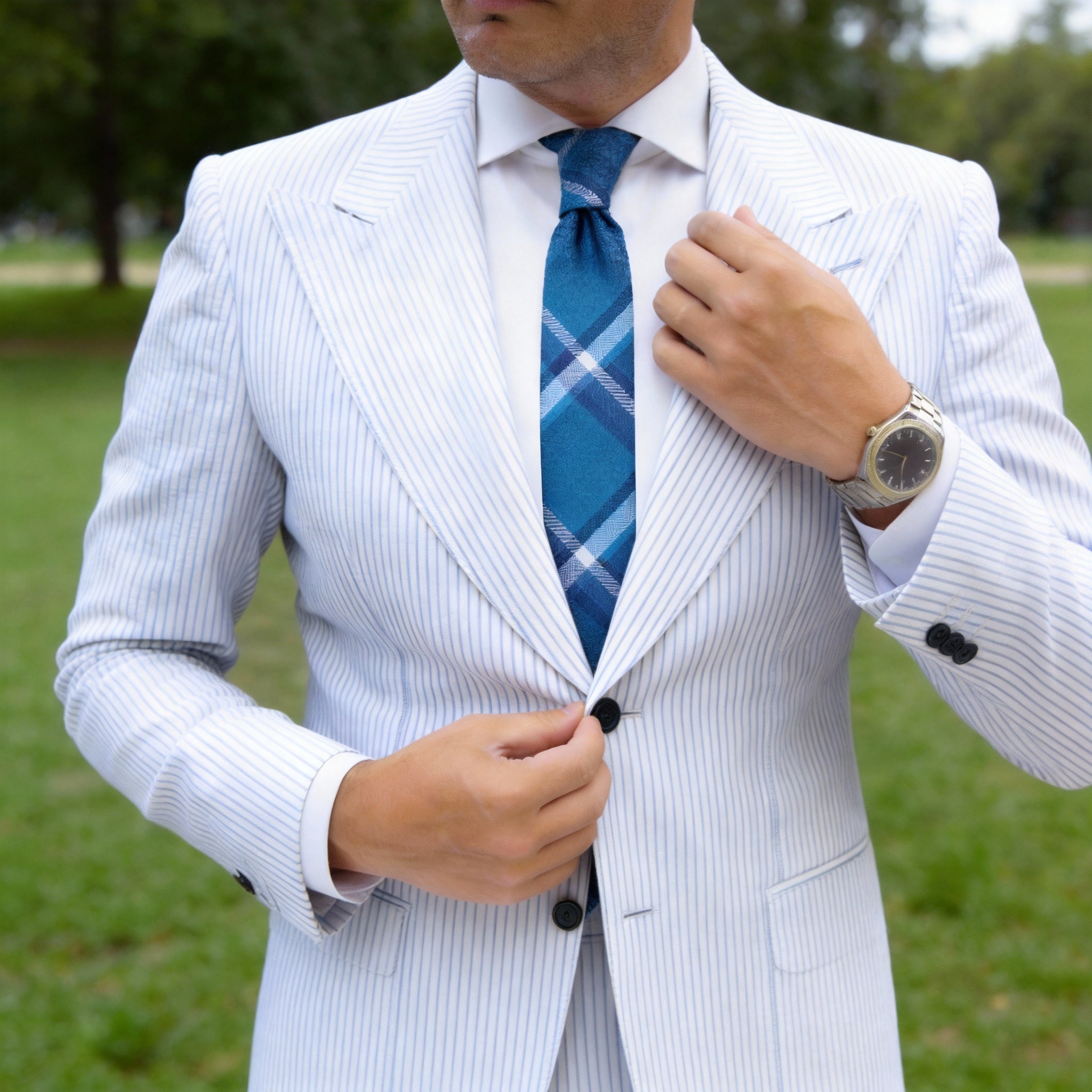 Blue With White Plaid Necktie