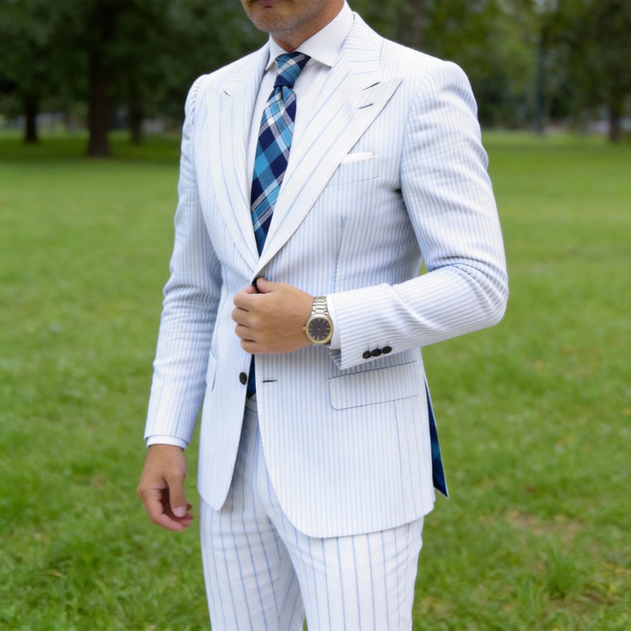 Blue With White Plaid Necktie