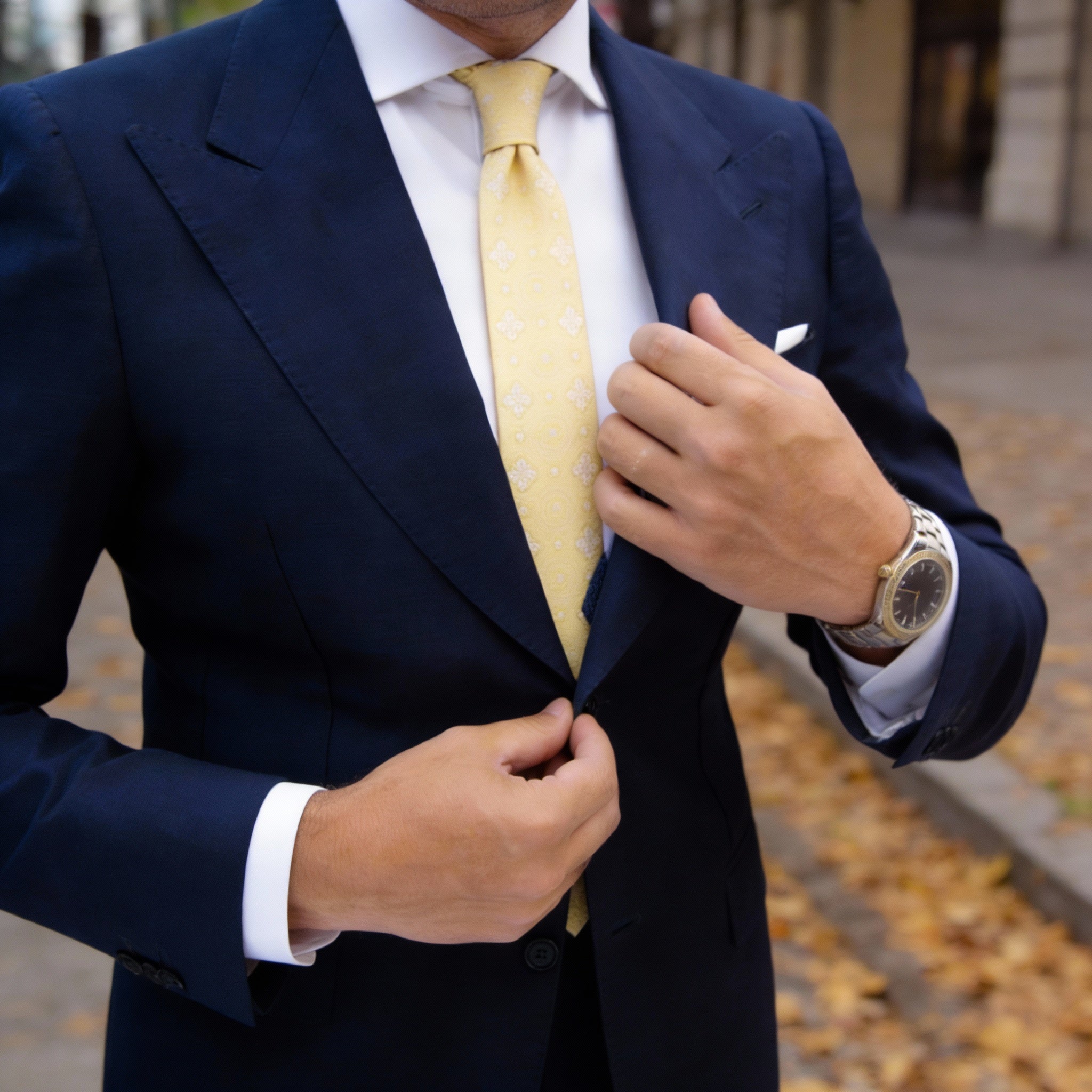 Yellow With White Floral&Geometric Necktie