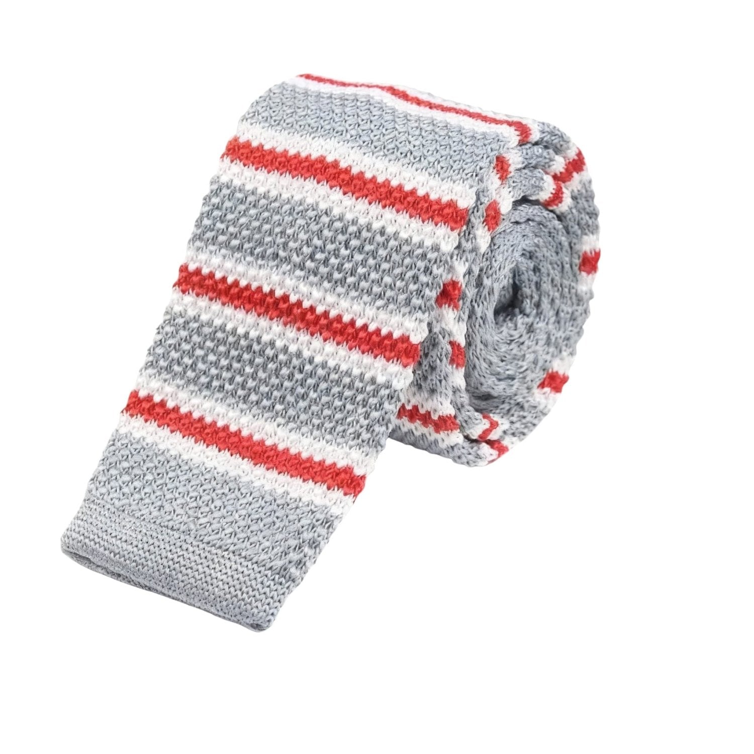 Gray With Red White Stripes Knitted Necktie