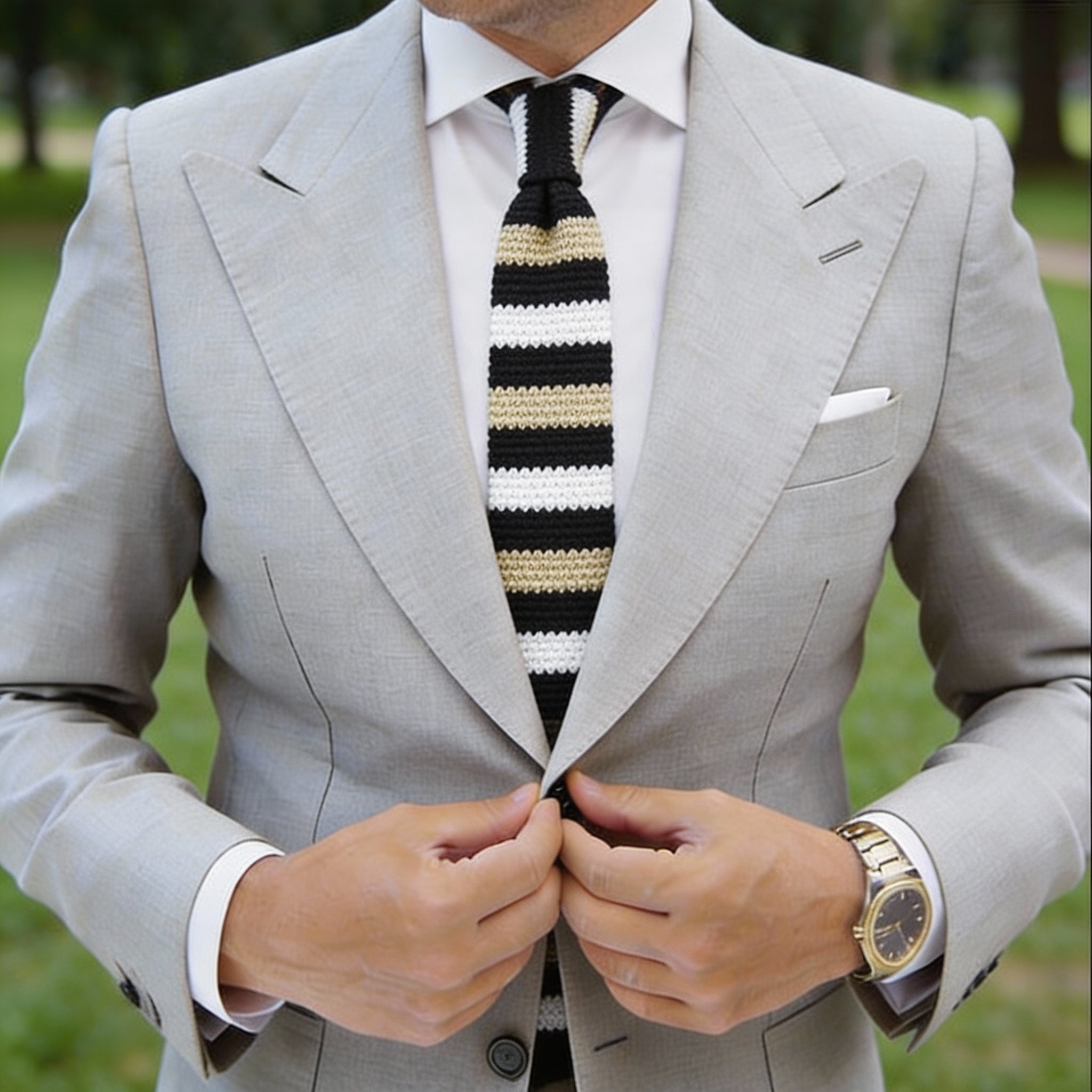 Black With Gold White Horizontal Stripes Knitted Necktie
