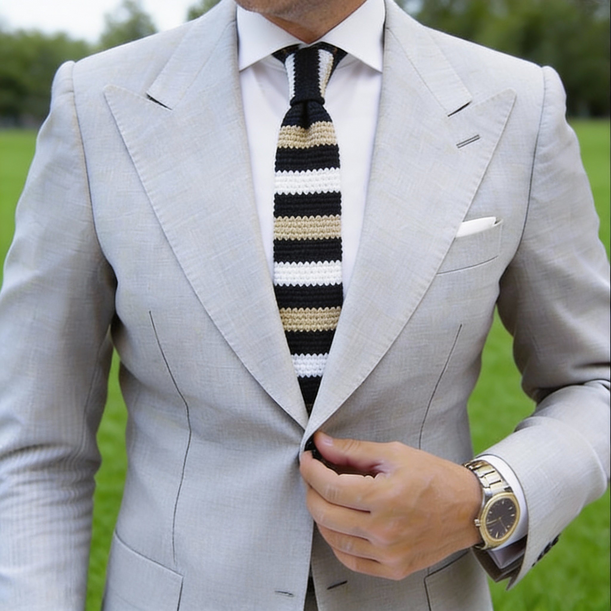 Black With Gold White Horizontal Stripes Knitted Necktie