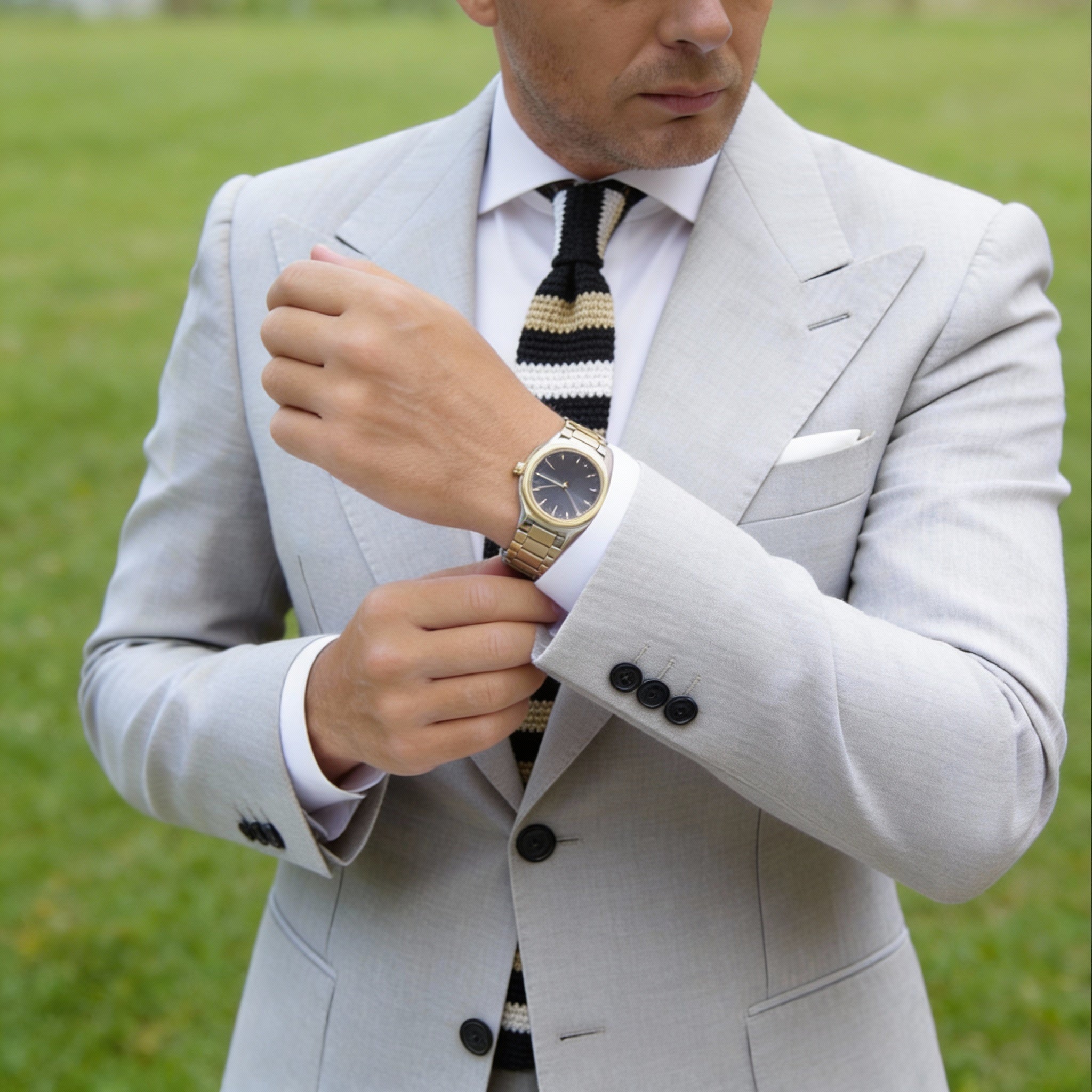 Black With Gold White Horizontal Stripes Knitted Necktie