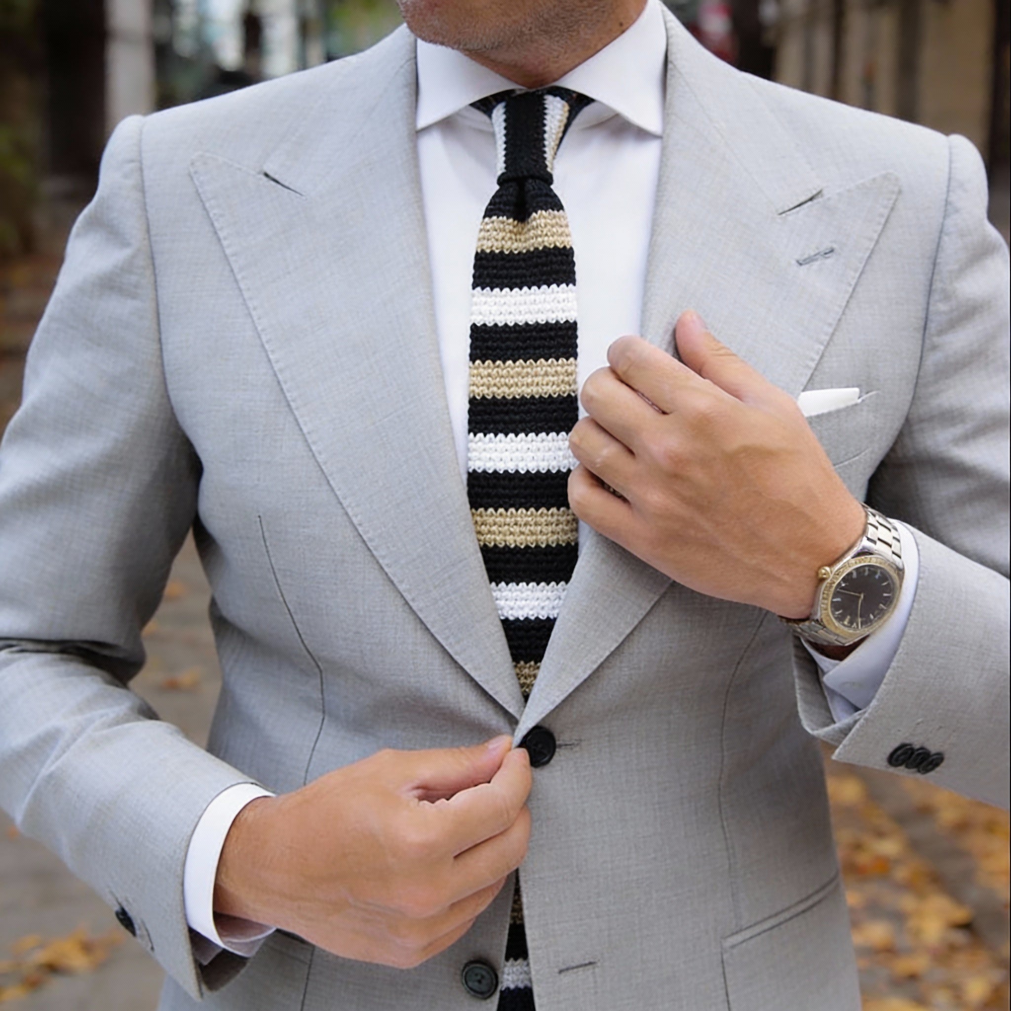 Black With Gold White Horizontal Stripes Knitted Necktie