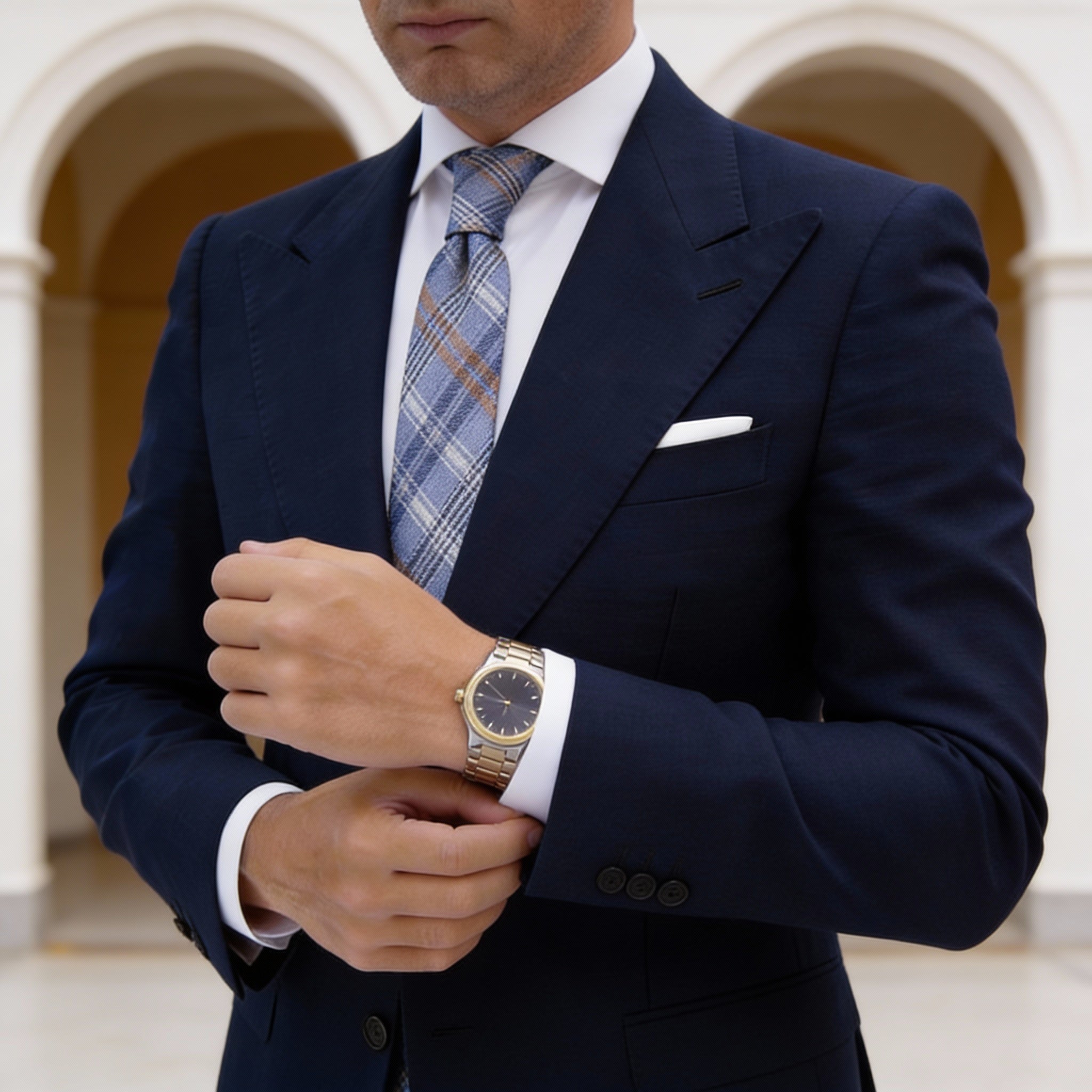 Blue With Brown White Plaid Necktie