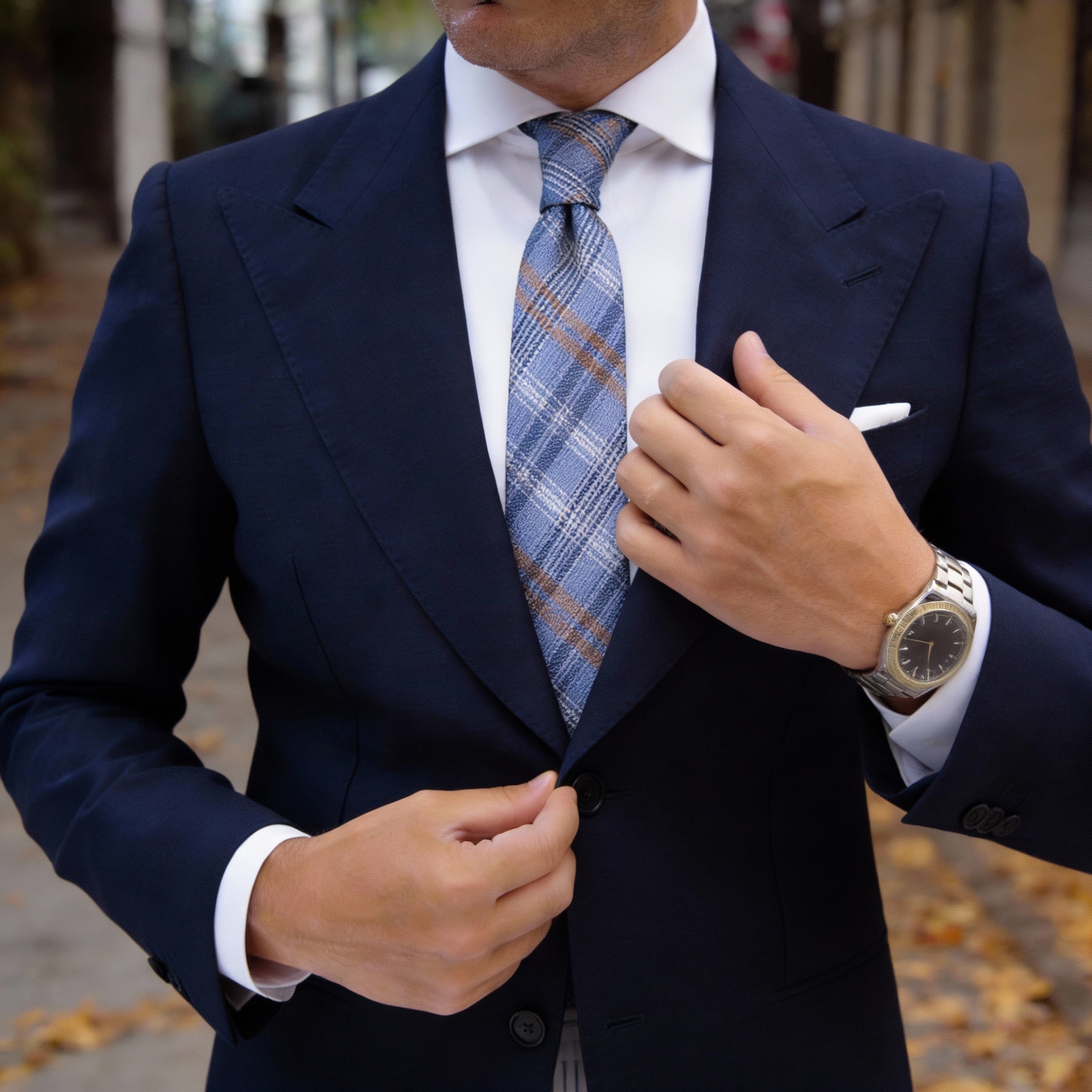 Blue With Brown White Plaid Necktie