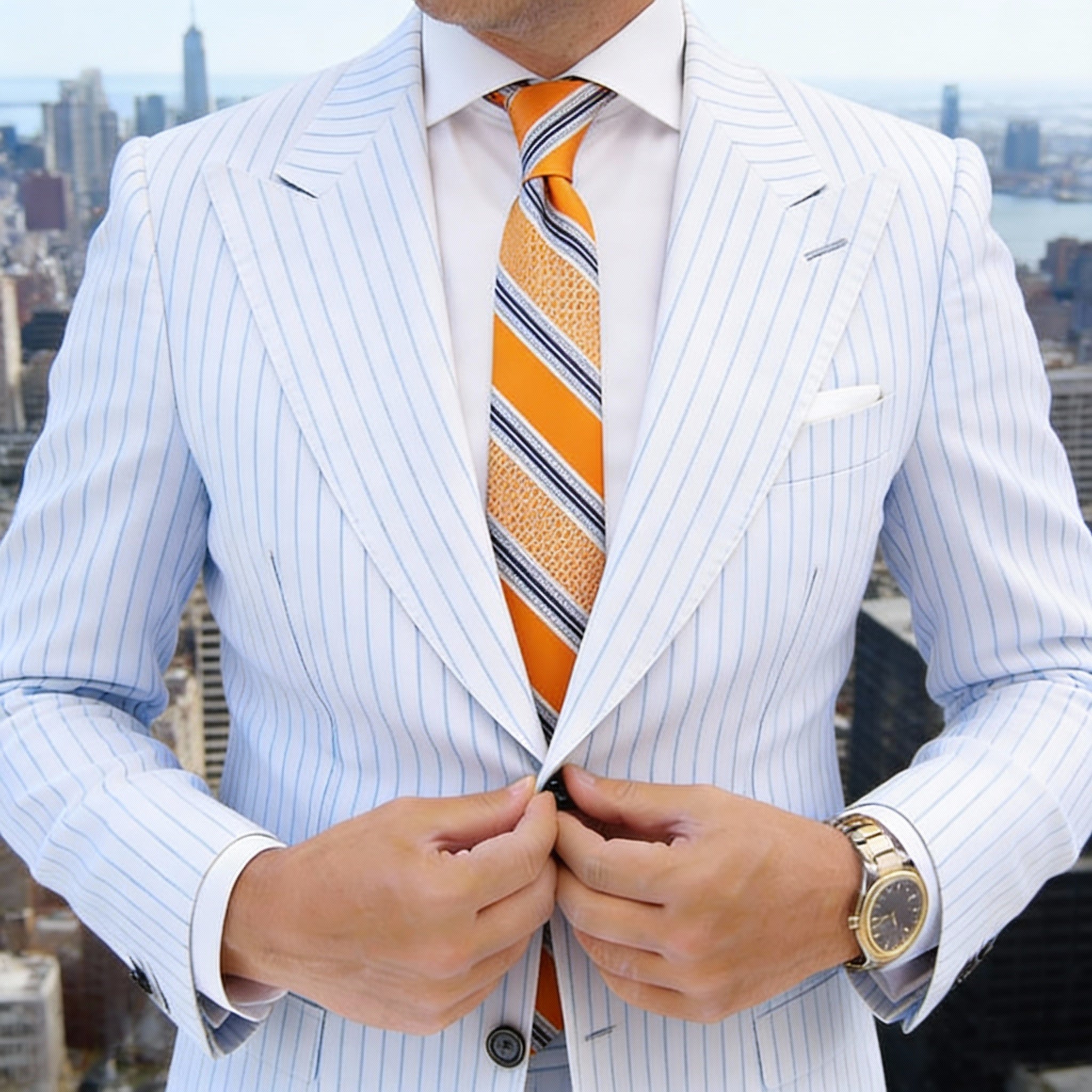 Orange With Blue And White Stripes Necktie