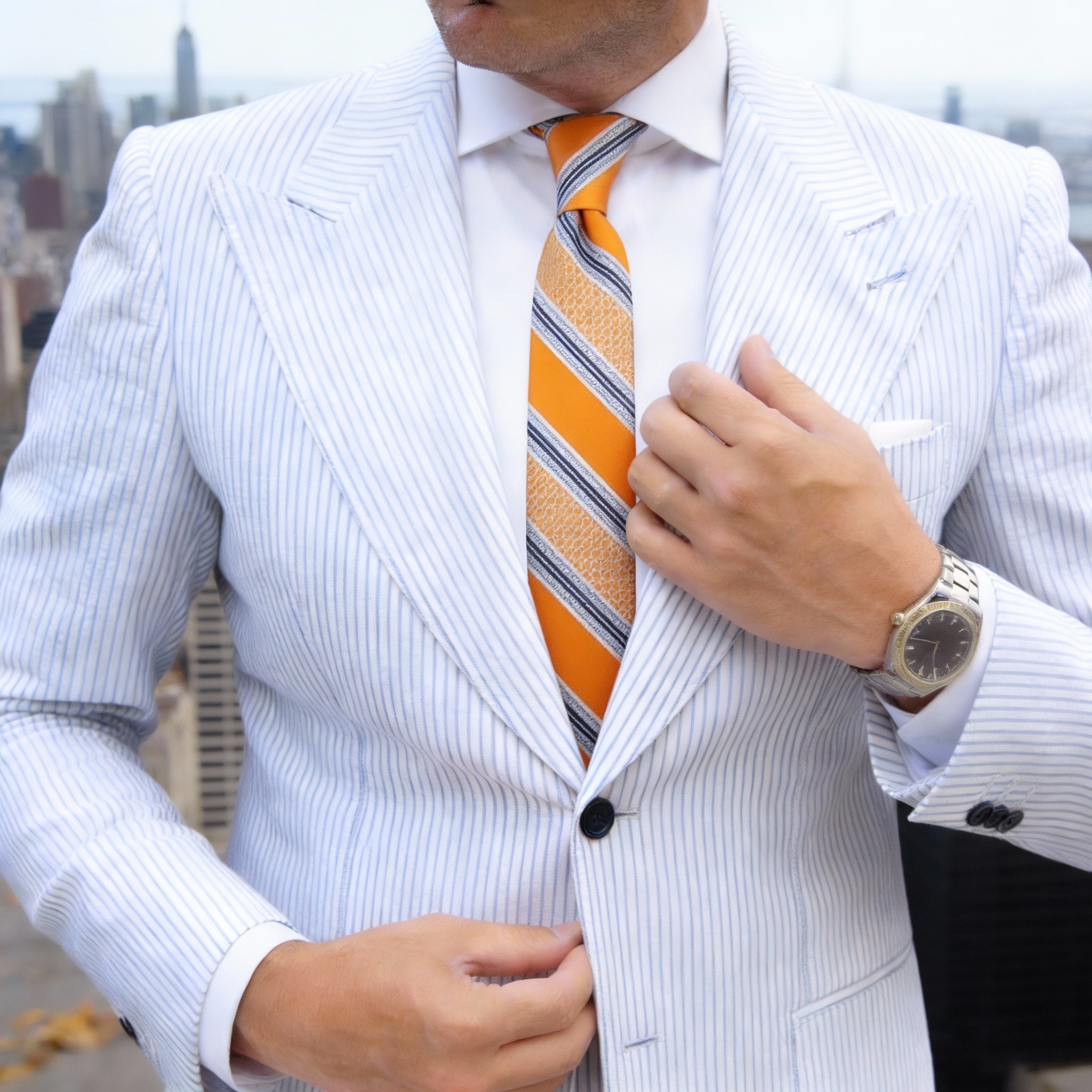 Orange With Blue And White Stripes Necktie