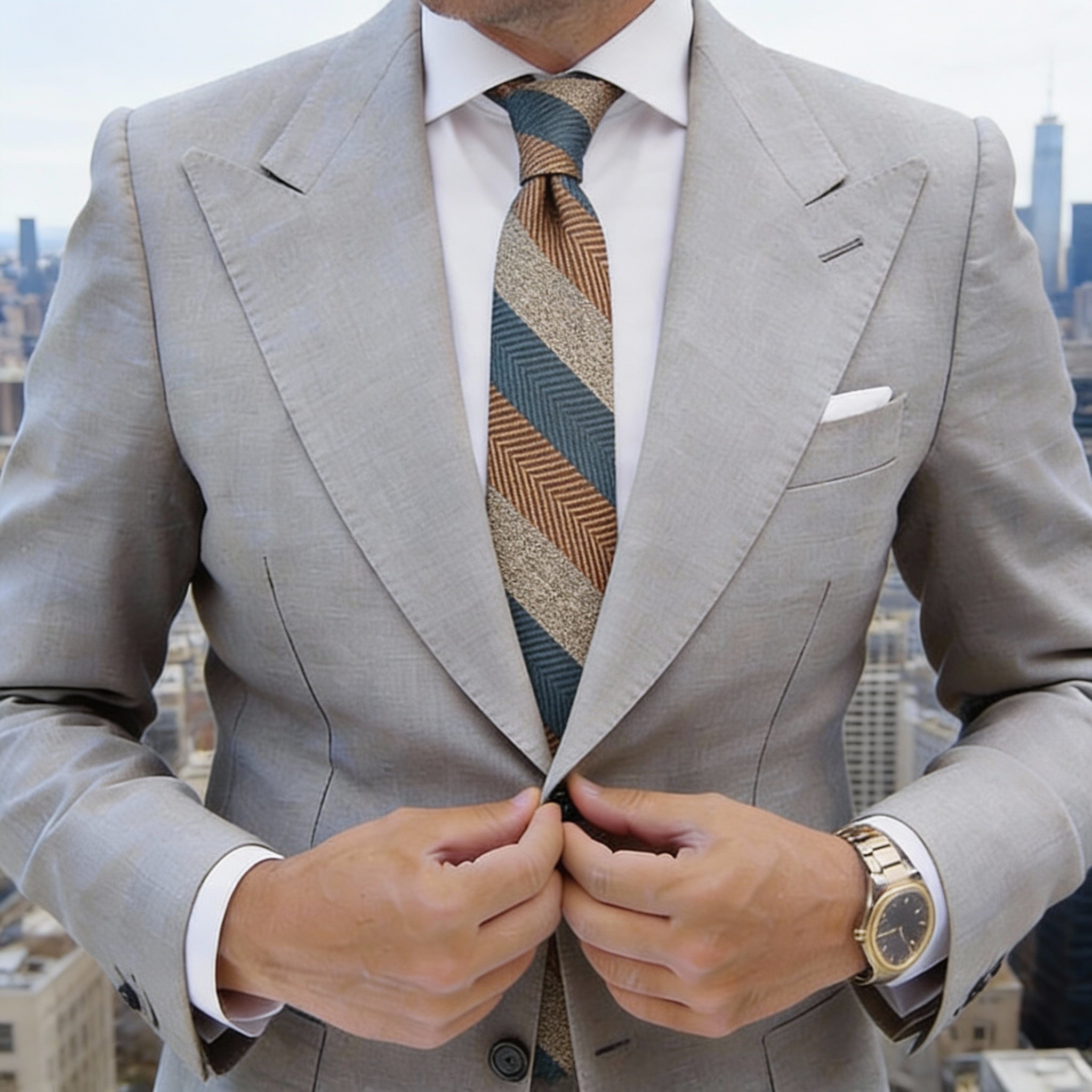 Maroon With Blue And Gold Herringbone Striped Necktie
