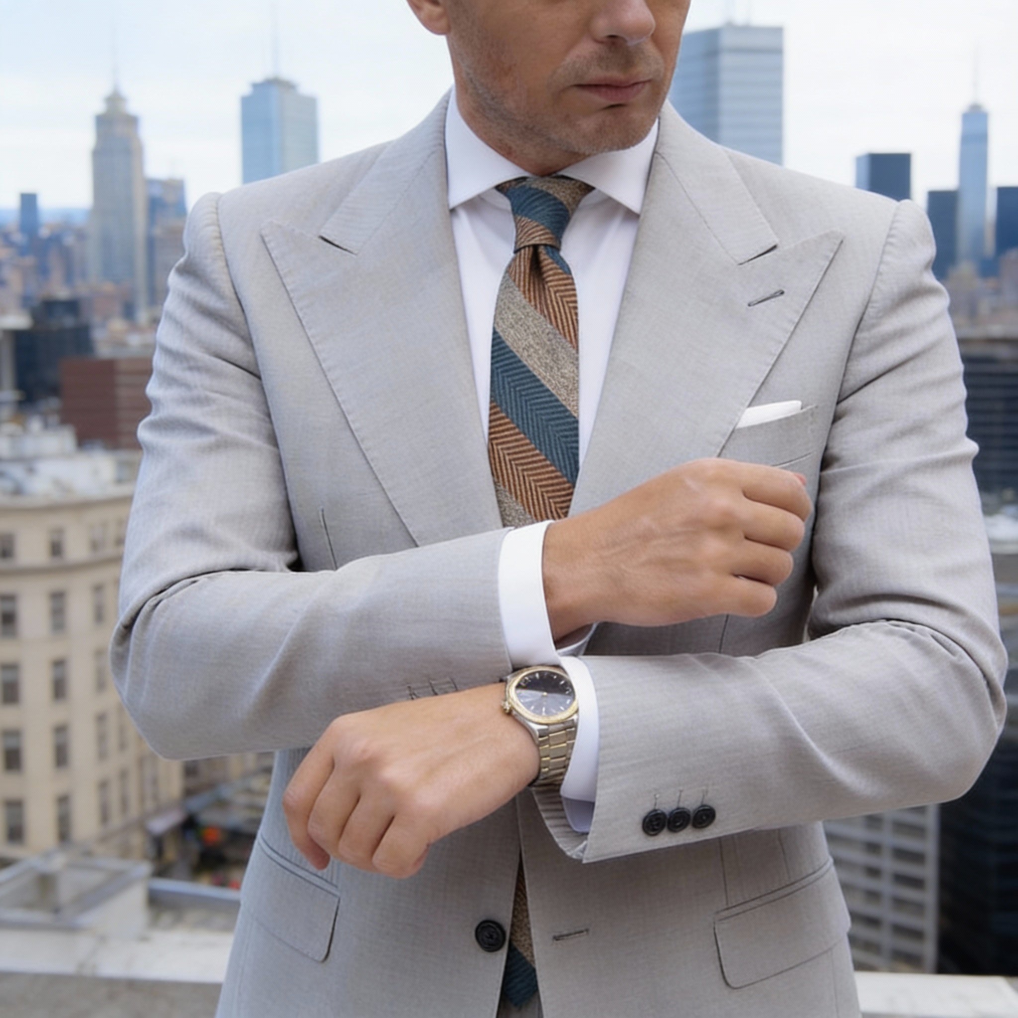 Maroon With Blue And Gold Herringbone Striped Necktie