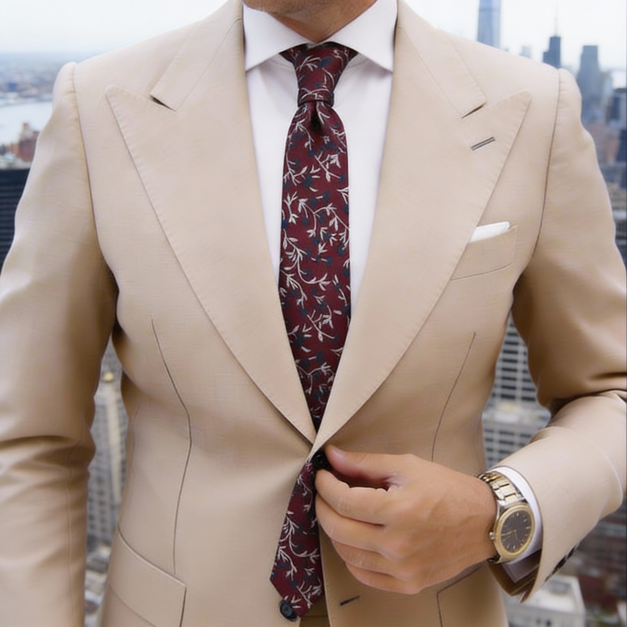 Burgundy With Blue White Floral Necktie