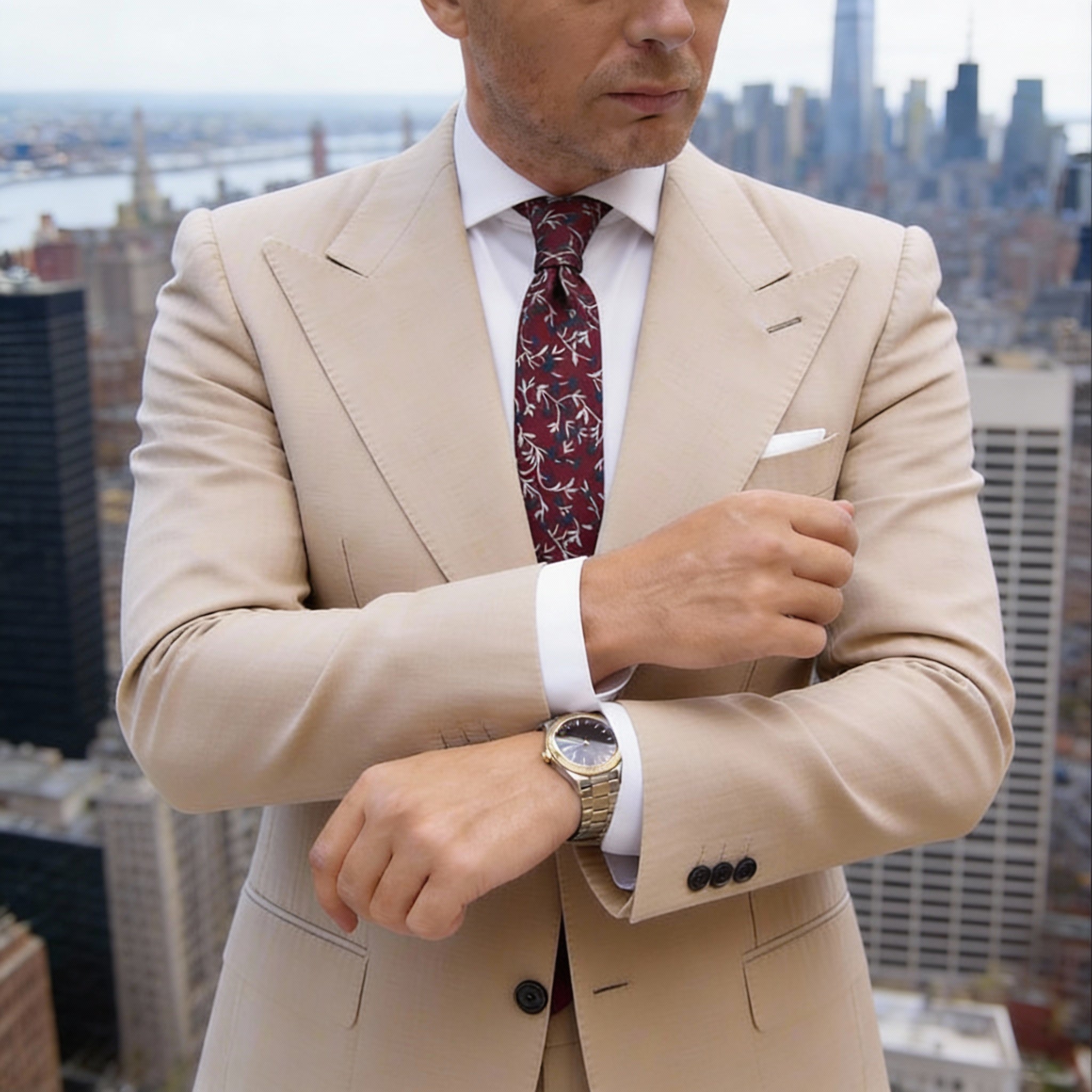 Burgundy With Blue White Floral Necktie