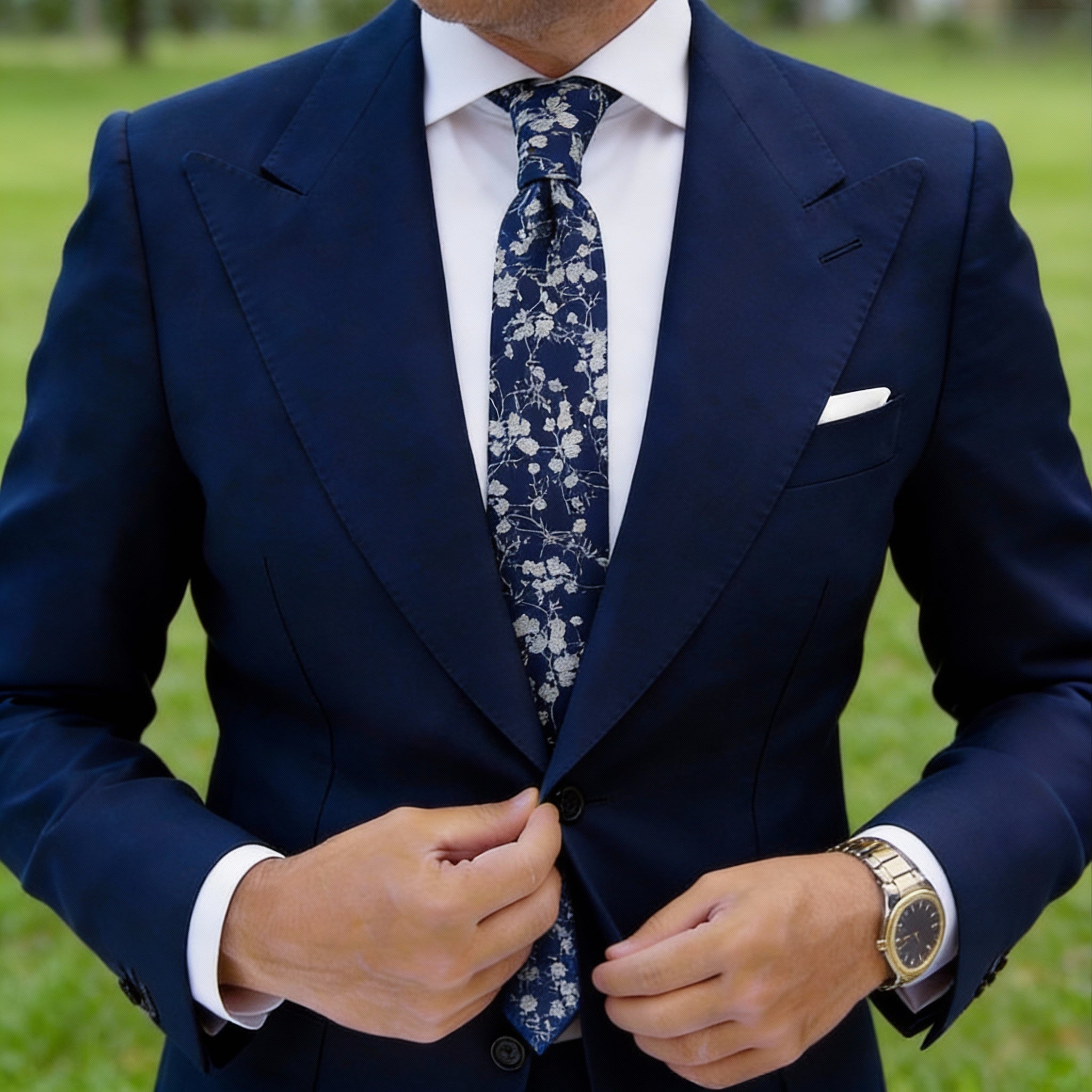 Navy Blue With White Floral Necktie