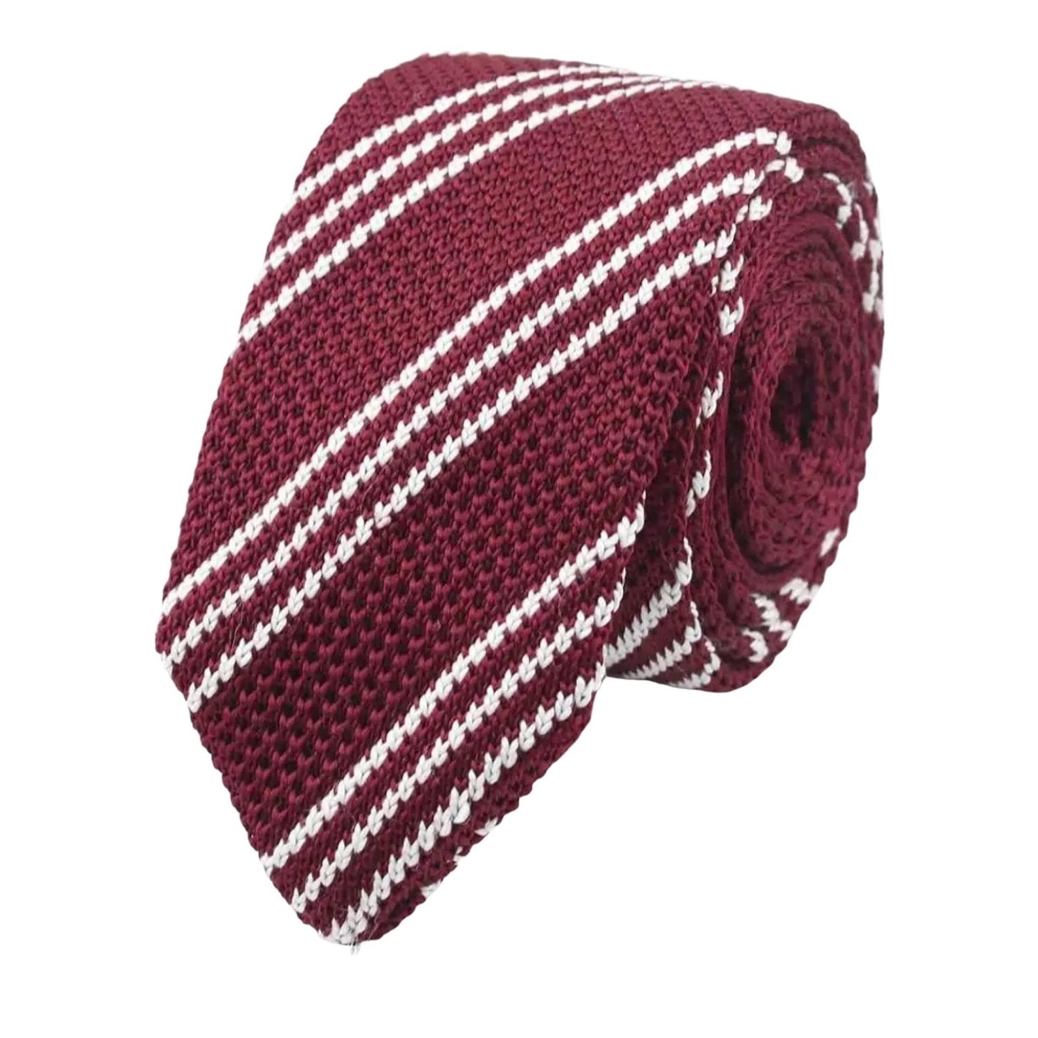 Burgundy With White Stripes Knitted Necktie