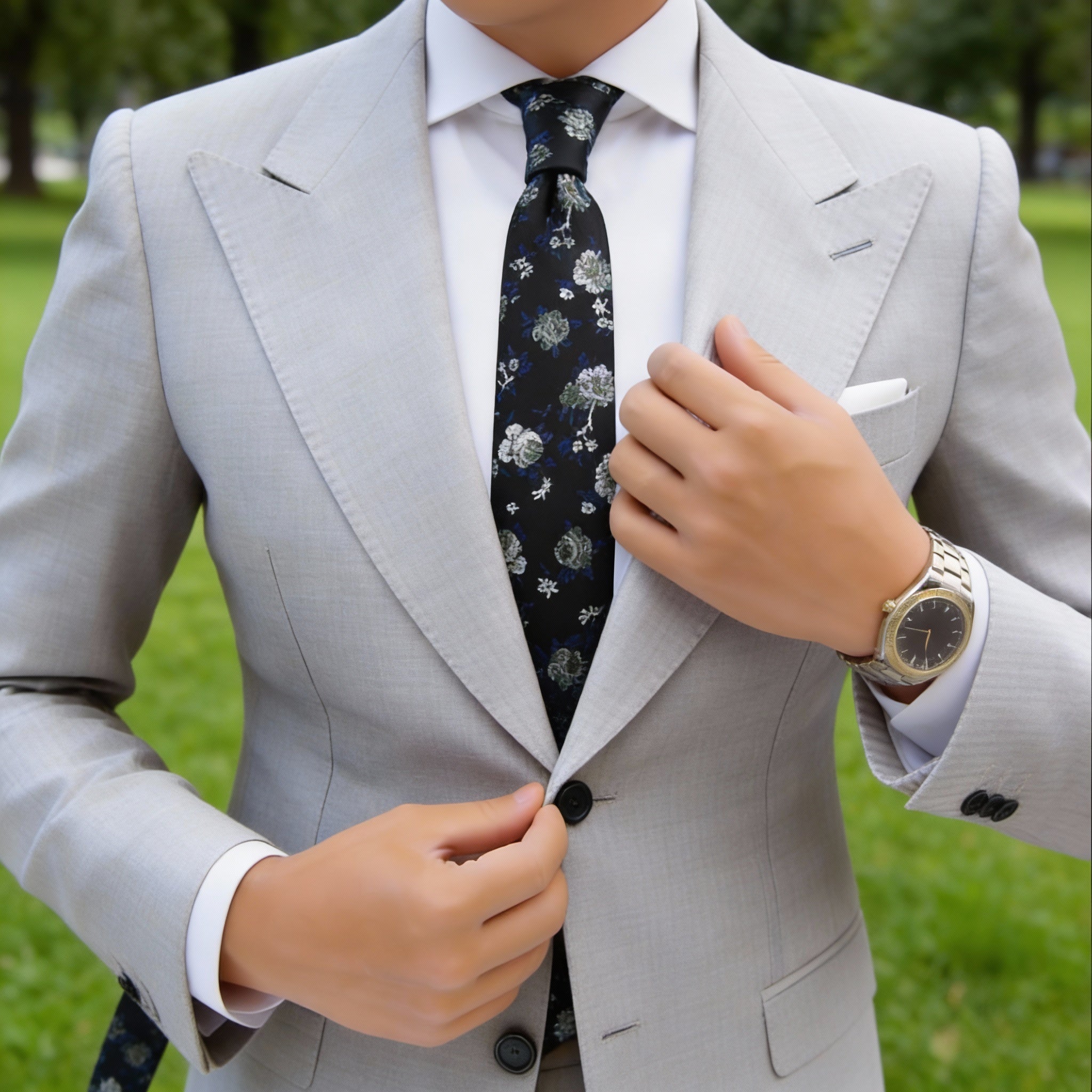 Black With White Green Blue Floral Necktie