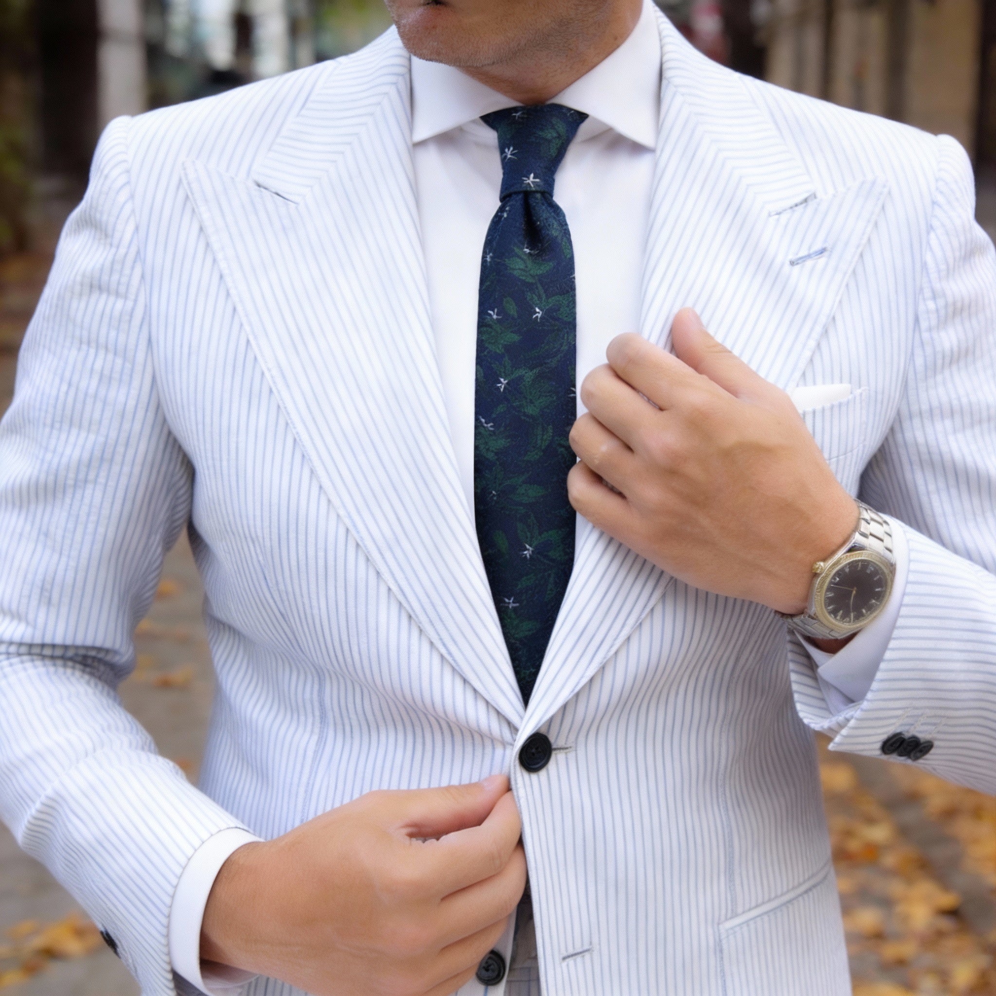 Dark Blue With Green Leaves White Flowers Necktie