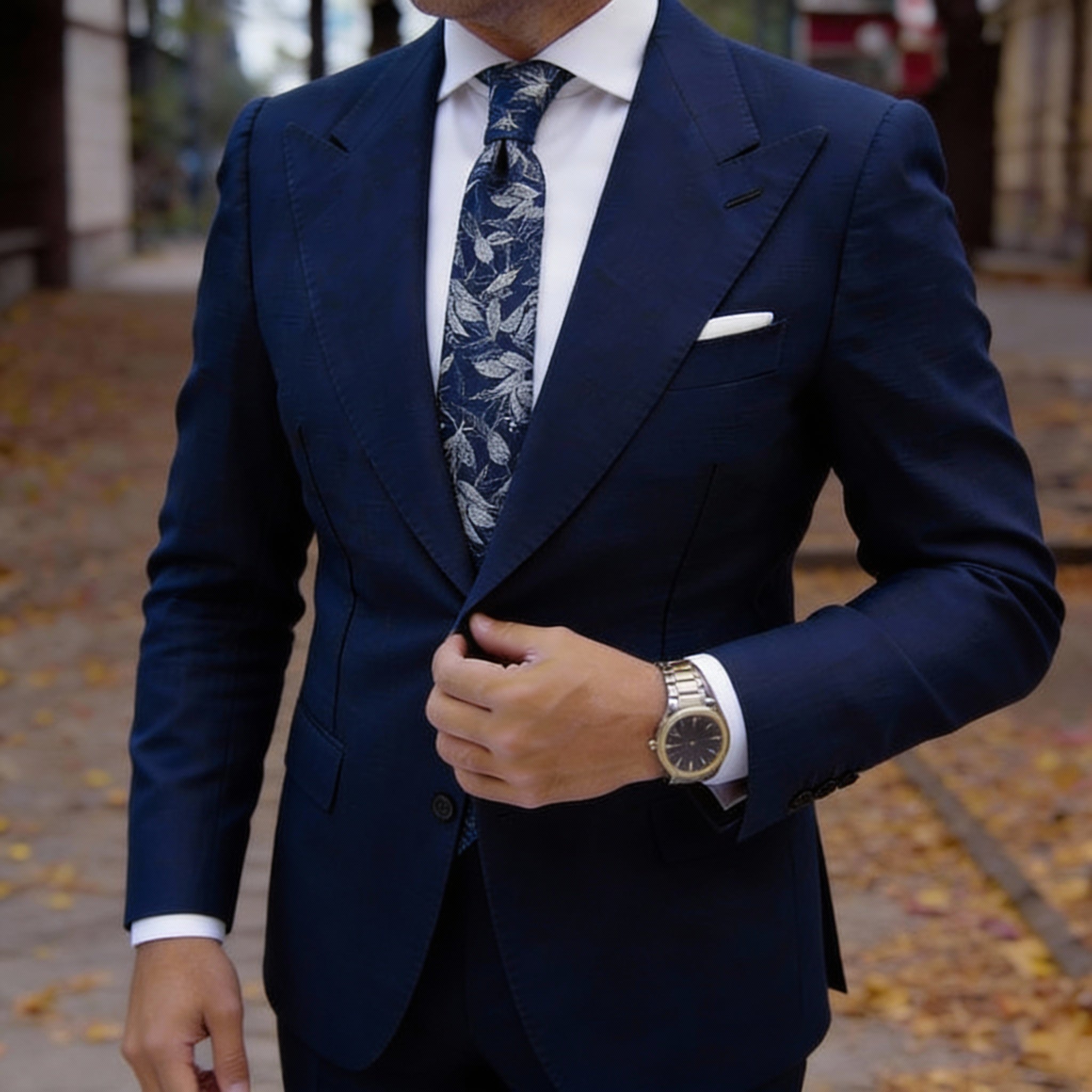 Dark Blue with White Leaf Necktie