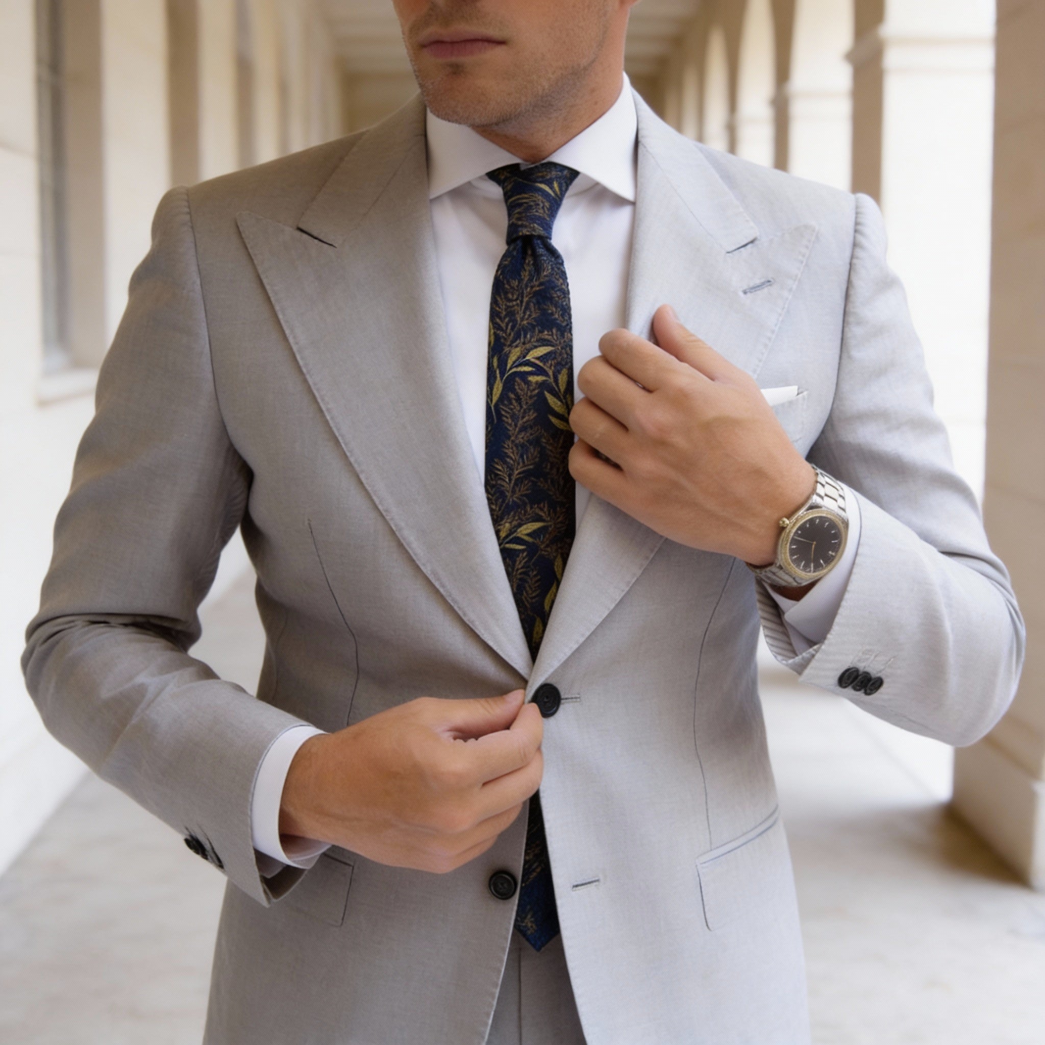 Blue with Yellow Brown Leaf Necktie