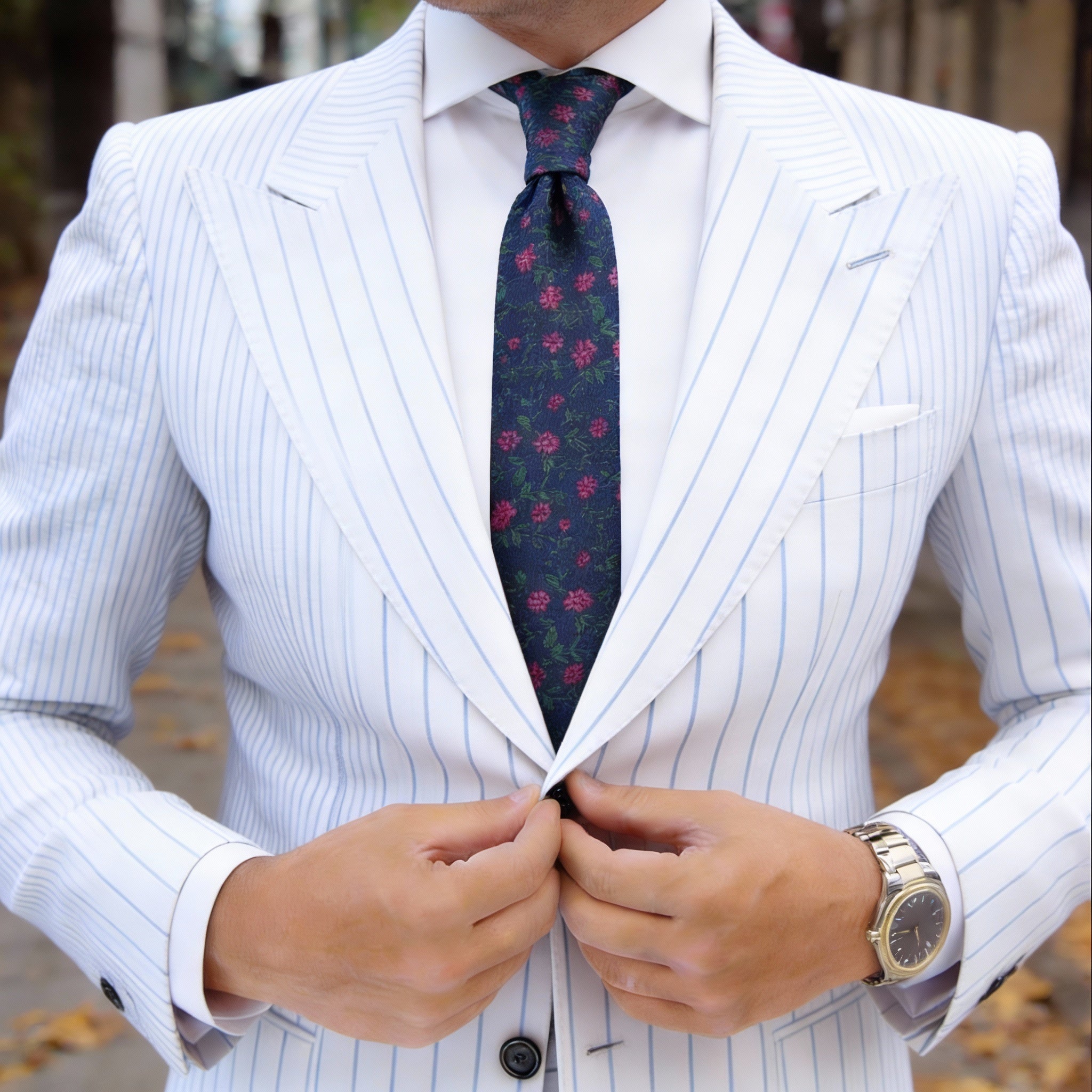 Navy Blue With Pink Flowers Necktie