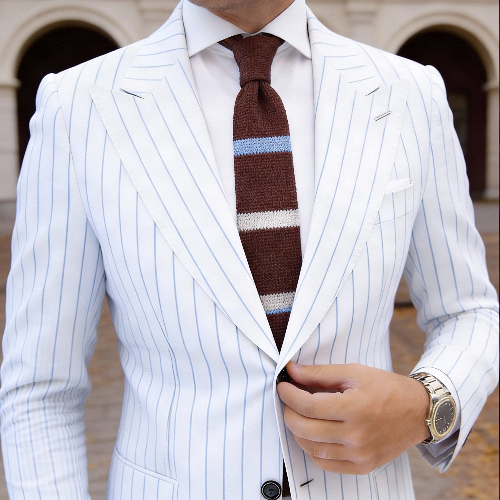 Brown With Blue And White Stripes Necktie