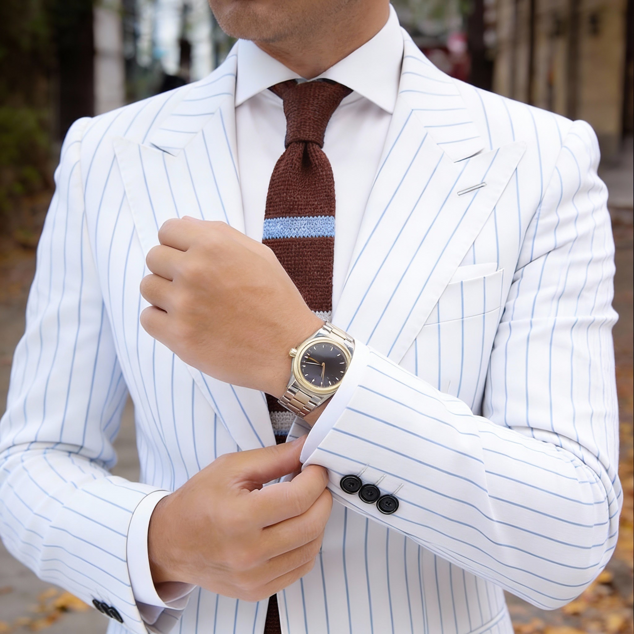 Brown With Blue And White Stripes Necktie