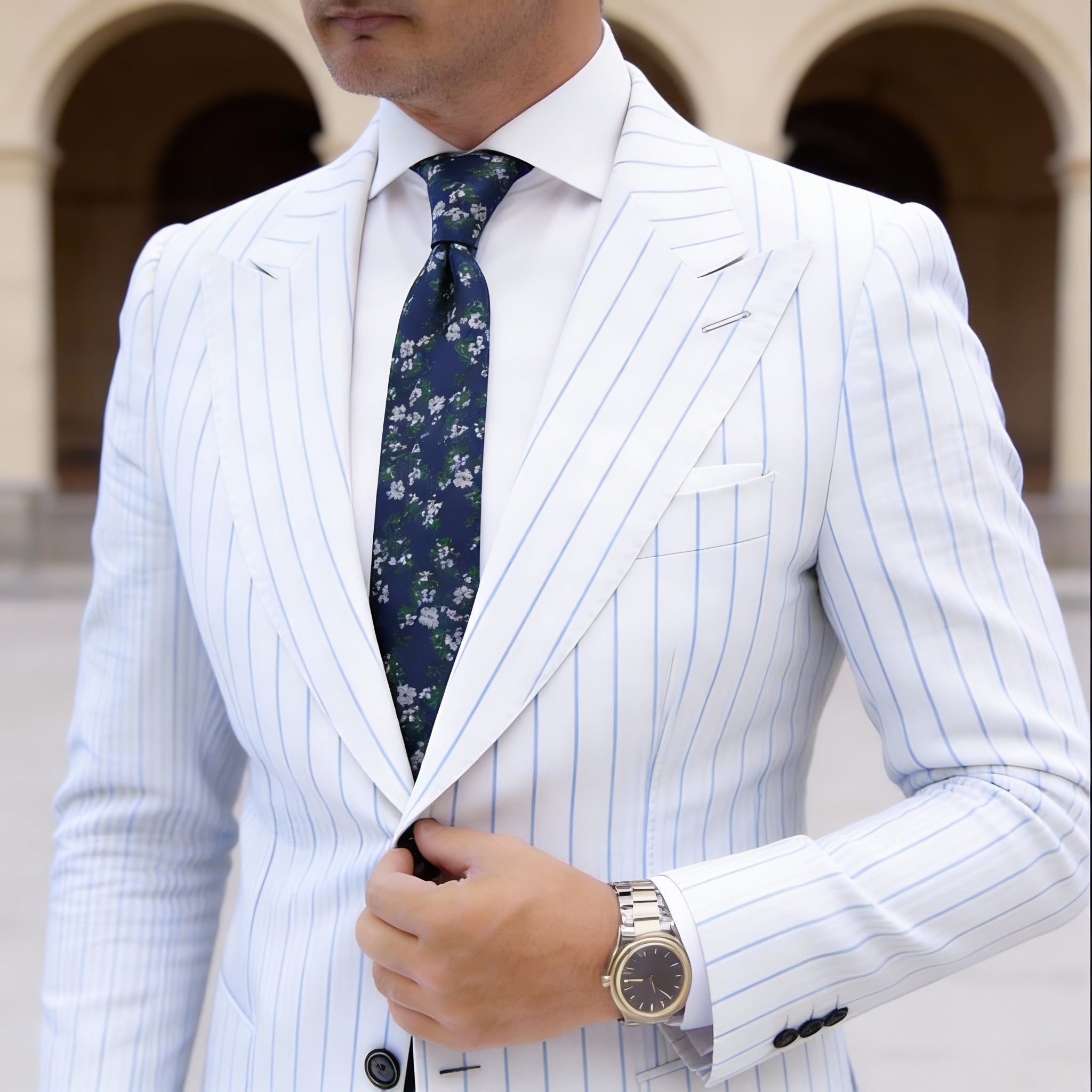 Blue With White Green Floral Necktie