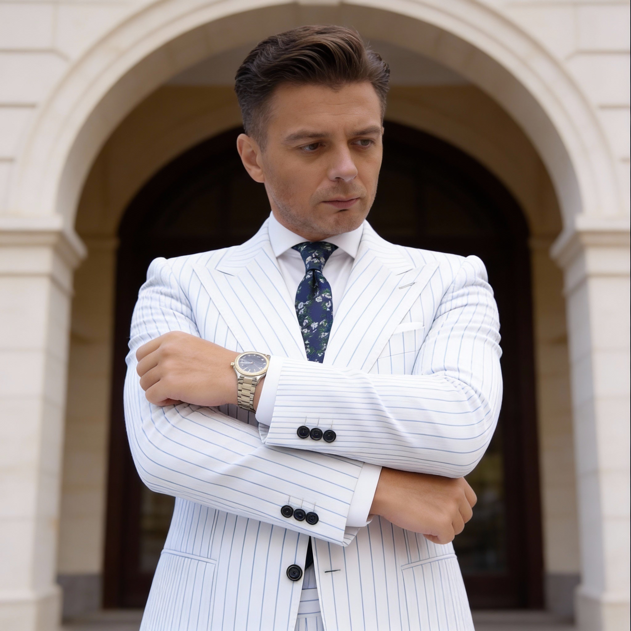 Blue With White Green Floral Necktie