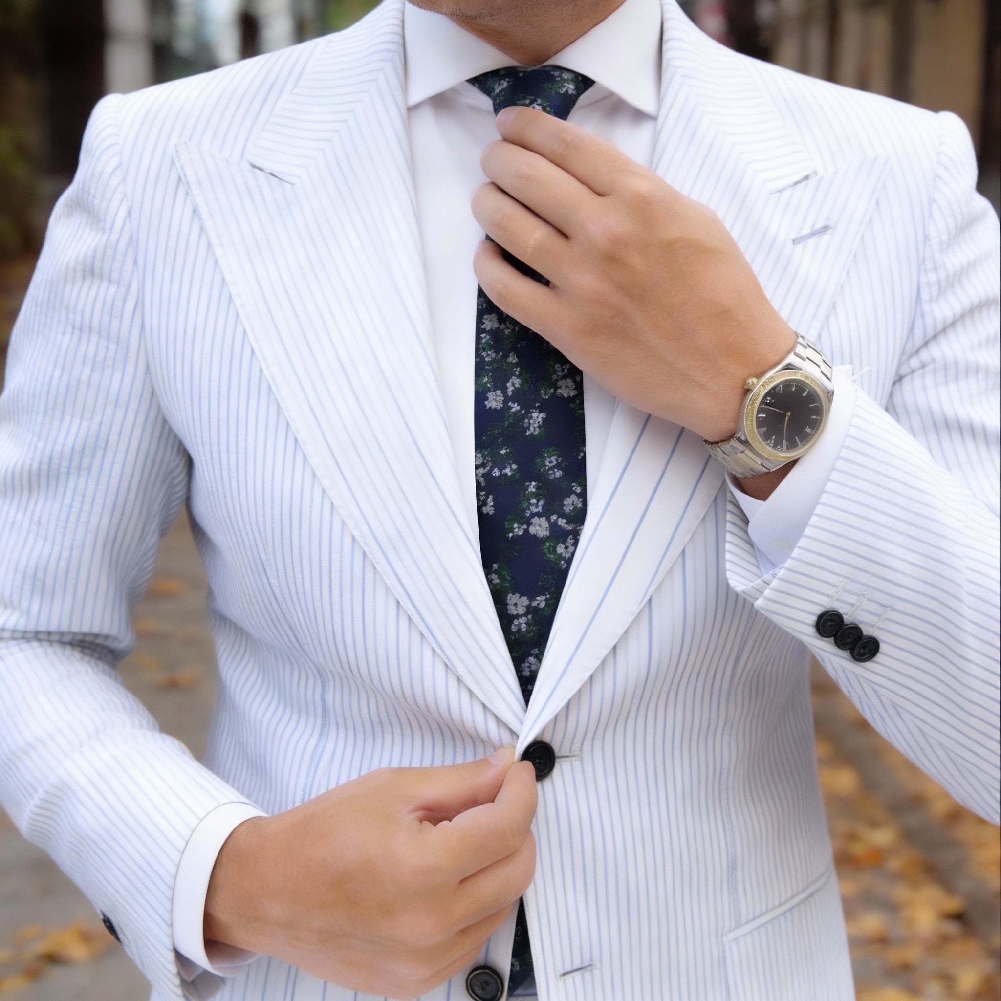 Blue With White Green Floral Necktie