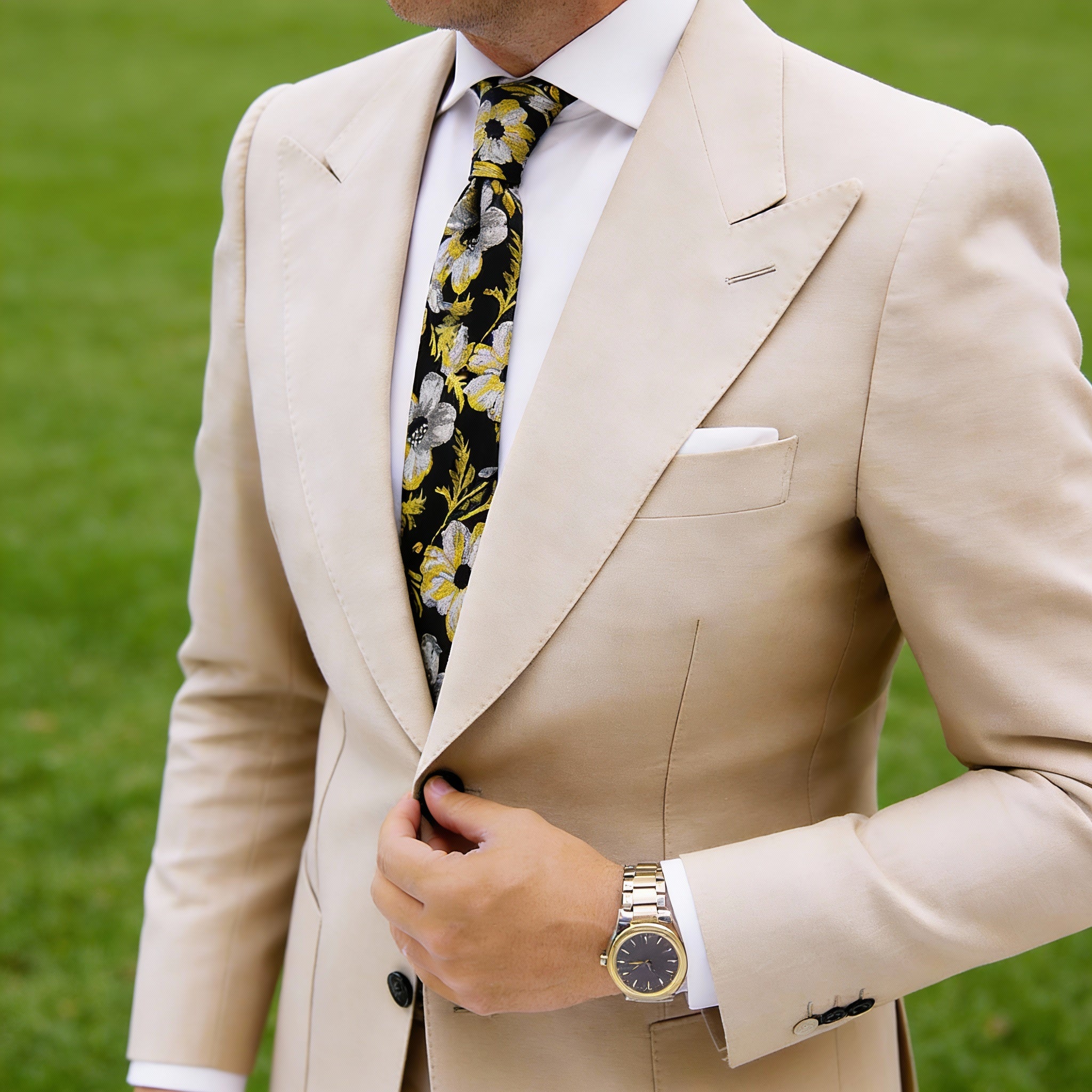 Black With Yellow Gray Floral Necktie