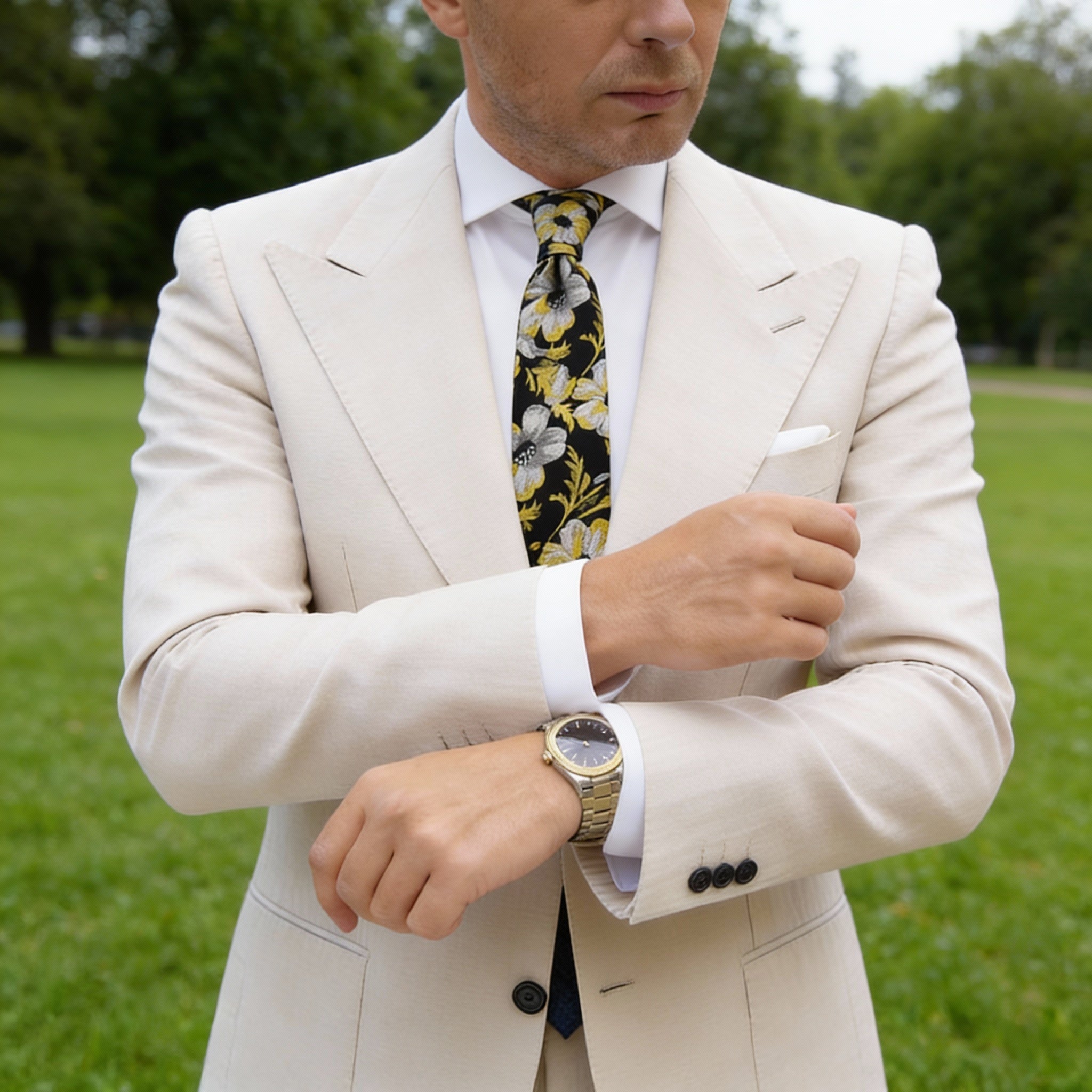 Black With Yellow Gray Floral Necktie